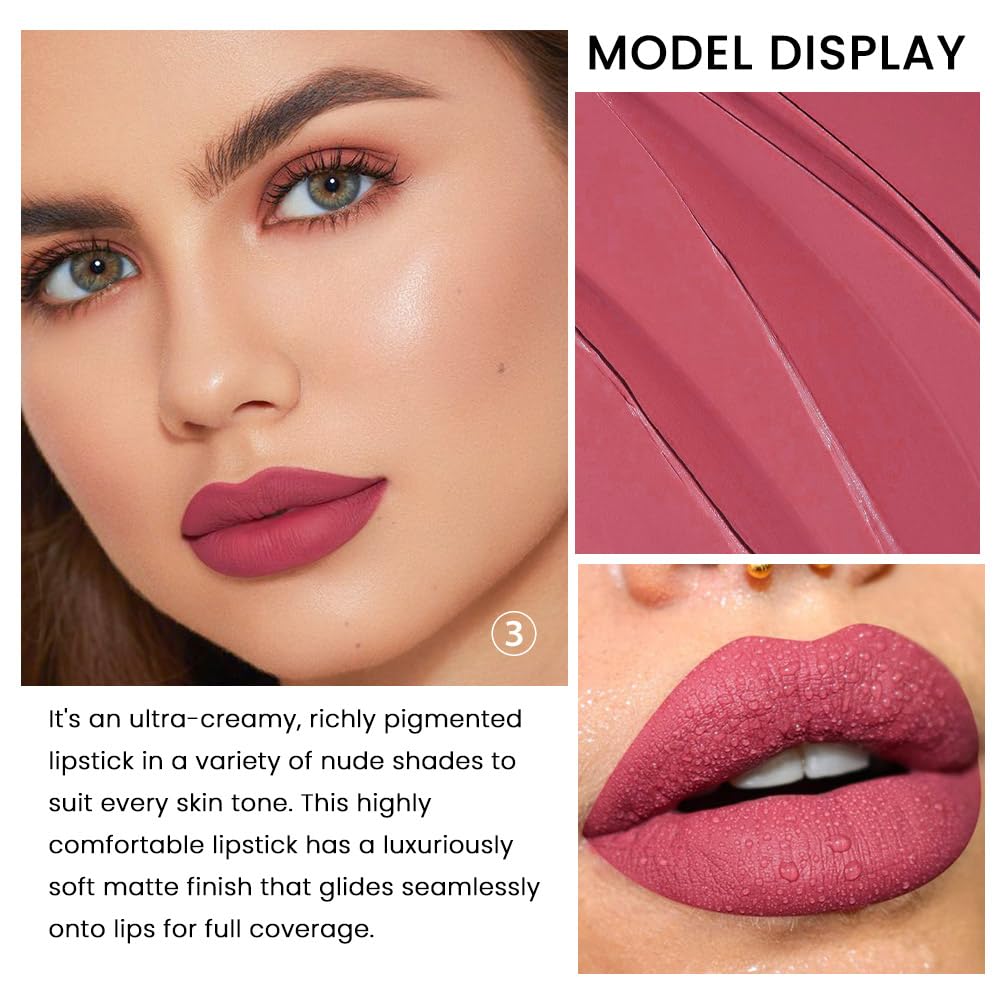 3 Pcs Matte Velvet Lipstick for Women Set,Nude Long Lasting Matte Lipstick 24H Waterproof for Girls Natural Lip Makeup,Matte Non-Stick Lipstick Makeup for Women,labiales magicos 24 horas originales