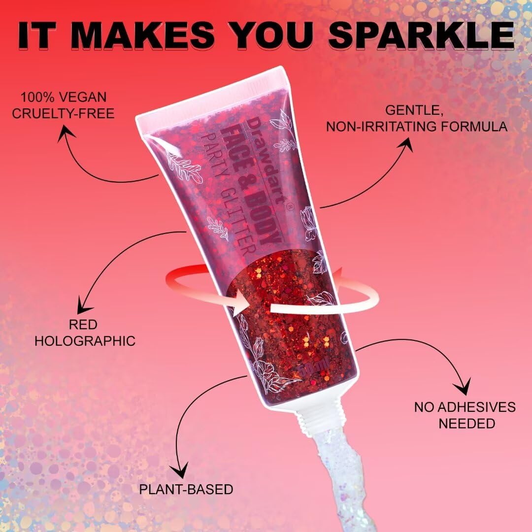 Drawdart Face & Body Glitter - Cosmetic - Grade Red Holographic Glitter Gel,Face Body Hair Chunky Festival Rave Accessories Makeup 50ml,Glitter Sequin for Women Kids