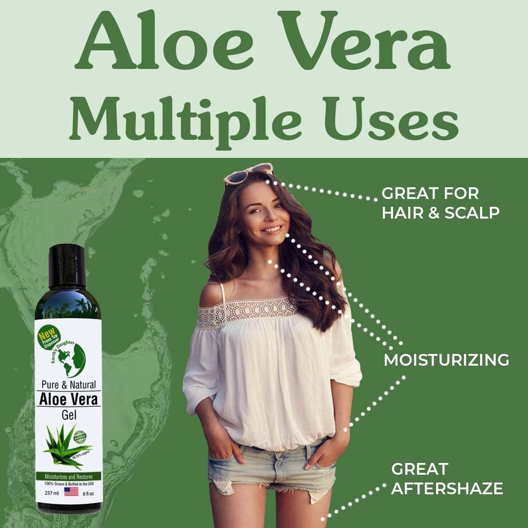 Earth's Daughter Organic Aloe Vera from 100% Pure and Natural Cold Pressed Aloe with 8 oz Disc Top Dispenser - Great for Face - Hair - Sunburn - Dry Skin