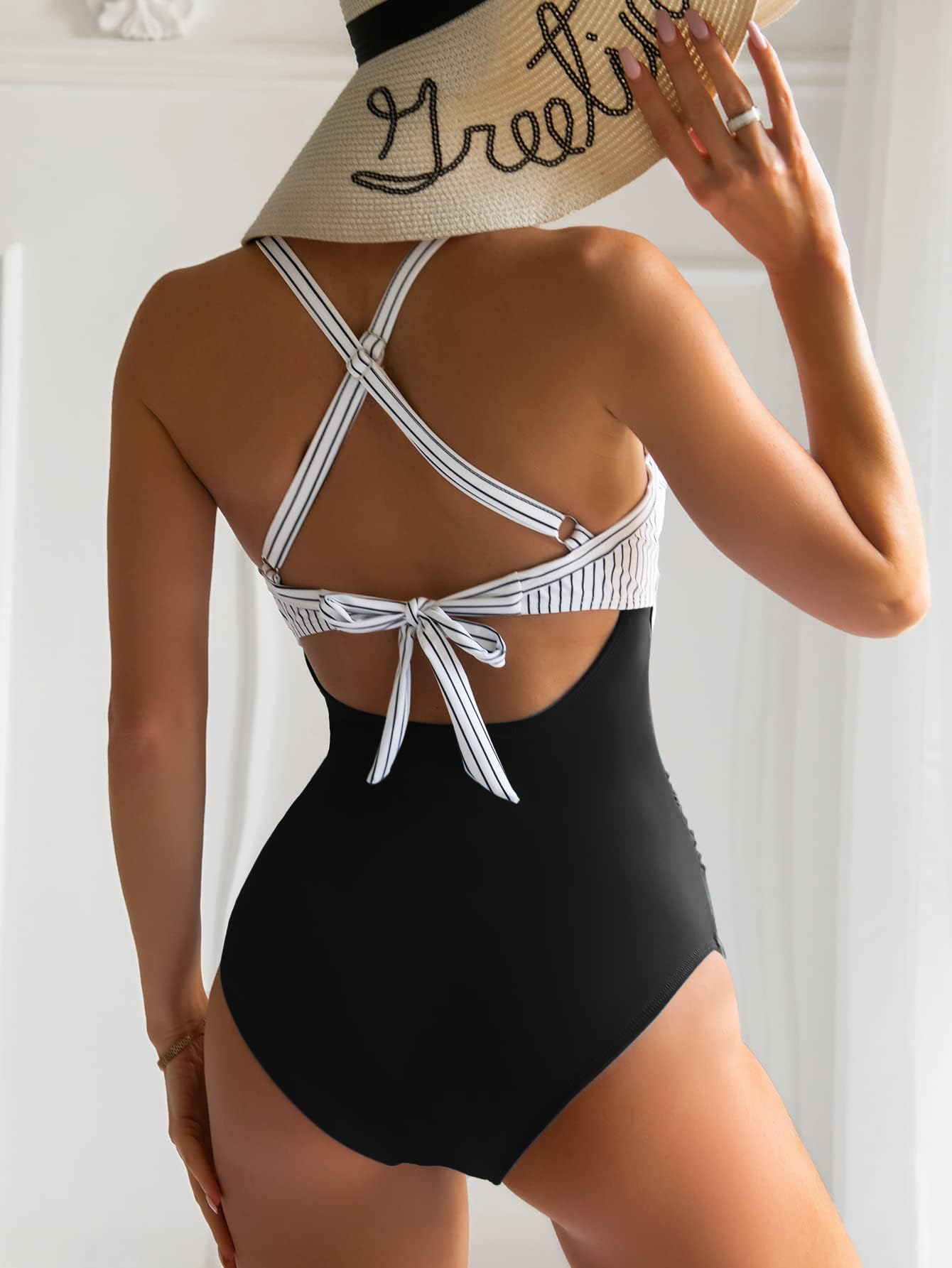 Eomenie Women's One Piece Swimsuits Tummy Control Cutout High Waisted Bathing Suit Wrap Tie Back 1 Piece Swimsuit Black Striped