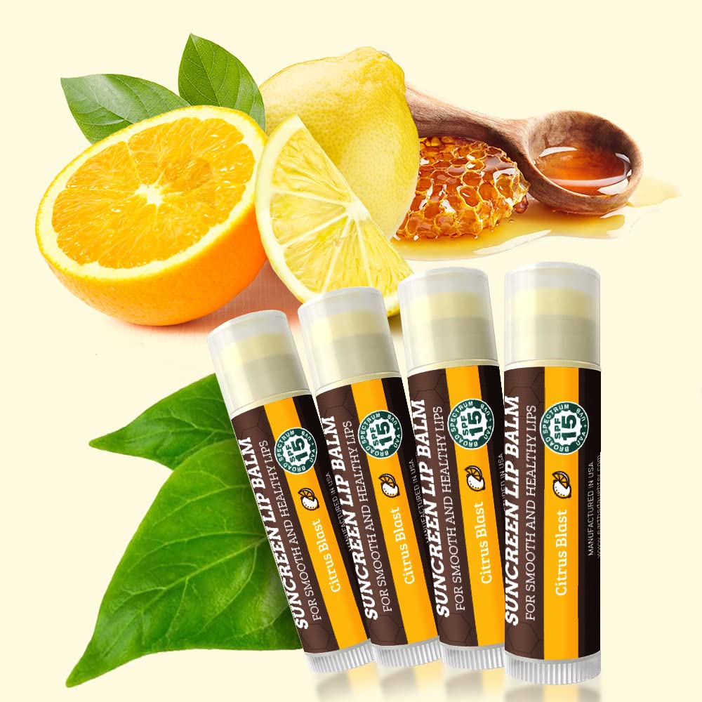 Earth's Daughter SPF Lip Balm 4-Pack Citrus Flavor - Lip Sunscreen, SPF 15, Organic Ingredients, Beeswax, Coconut Oil, Vitamin E - Hypoallergenic, Paraben Free, Gluten Free