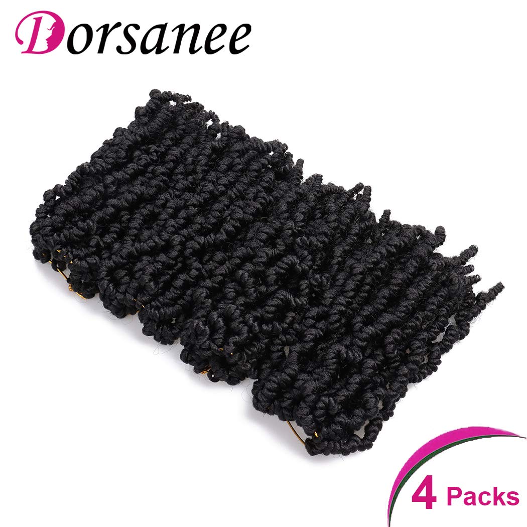 Dorsanee Pre-twisted Spring Twist Crochet Hair 8 Inch 4 Packs Short Curly Crochet Hair Pre Looped Crochet Braids Mini Passion Twists Fluffy Twist Synthetic Hair Extensions (8 Inch,1B#)