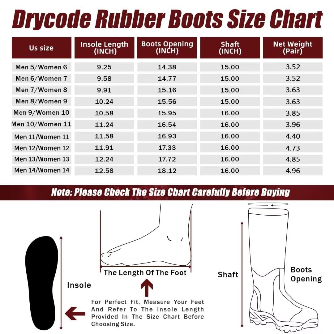 DRYCODE Rubber Boots for Men and Women, Waterproof 6mm Warm Rubber Neoprene Boots, Outdoor Rain Boot, Brown, Size 5-14