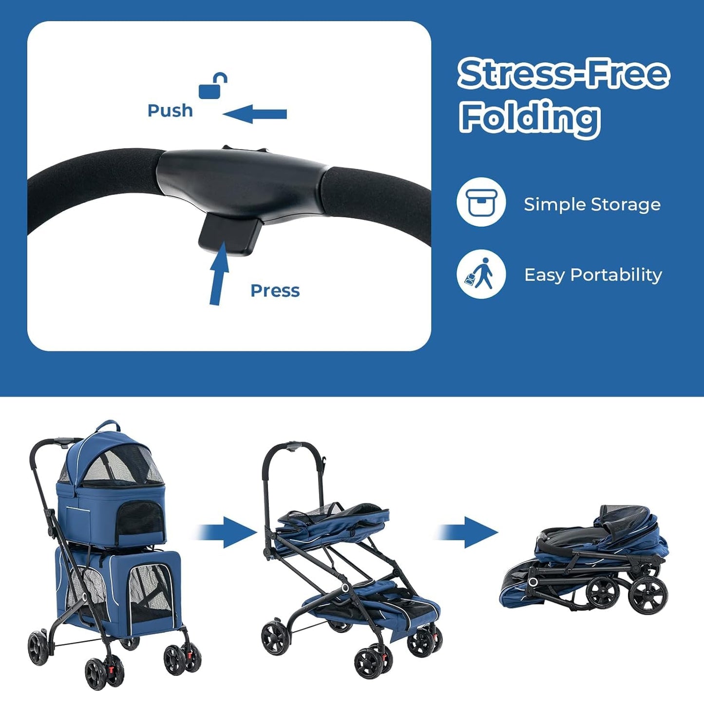 Double Dog Stroller for 2 Dogs, Detachable Carriers, Safety Belt, Lockable Wheels, Pet Travel Carrier Strolling Cart, Folding Cat Stroller for Small Medium Pets Dogs (Blue)