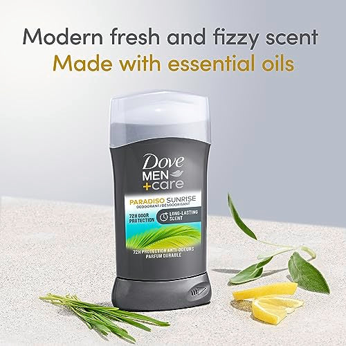 DOVE MEN + CARE Deodorant Stick for Men Aluminum Free 72-Hour Odor Protection Paradiso Sunrise 3 Count Mens Deodorant with Essential Oils & 1/4 Moisturizing Cream 3 oz