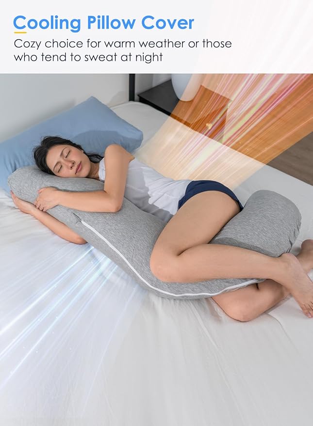 QUEEN ROSE Body Pillow, Full Body Support Pillow for Side Sleepers, Cooling Soft S Shaped Hug Pillow for Adults, with Removable Pillowcase, Light Grey