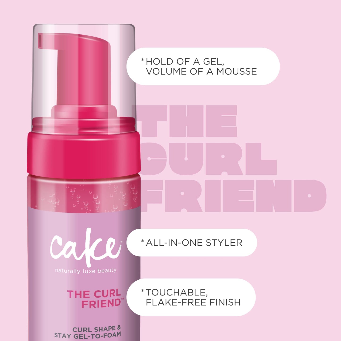 Cake Beauty Gel-to-Foam Styler, The Curl Friend – Volumizing & High Hold Gel to Foam - Flake Free Frizz Control - Infused with Coconut Oil & Shea Butter - For Curly Hair- 6.8 fl oz./ 200 mL