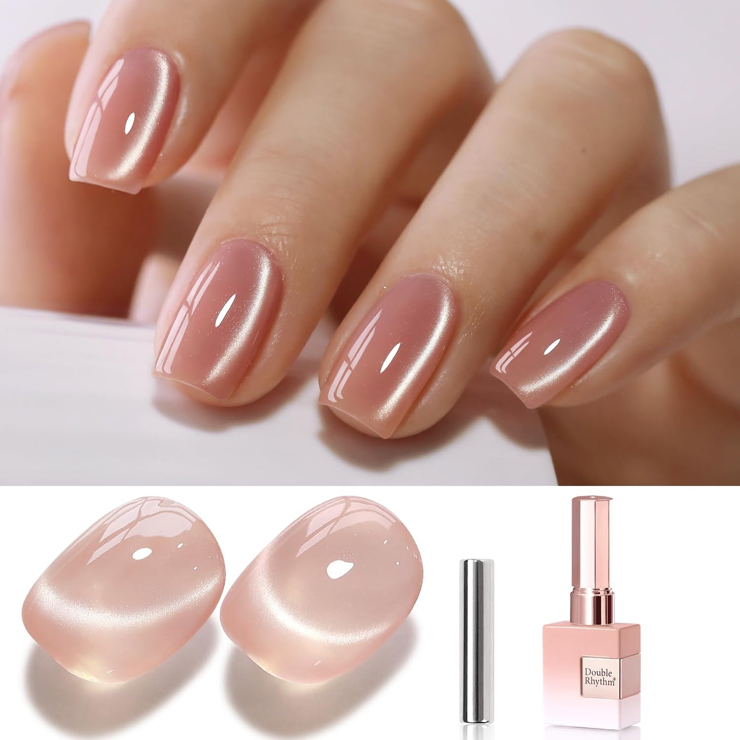 Double Rhythm 15ML Glass Cat Eye Gel Polish with Magnet Same Color Same Bottle Holographic Glitter Shimmer Salon Soak Off Magnetic Nail at Home (Peach Pink-MC1149)
