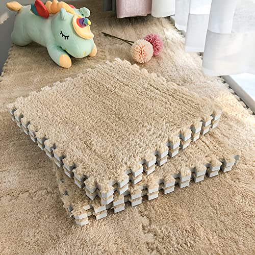 easycustomerlee 12pcs Interlocking Carpet Shaggy Soft EVA Foam Mats Fluffy Rugs Protective Floor Tiles Play Mats for Children Kids Room Home Parlor Bedroom(Khaki)