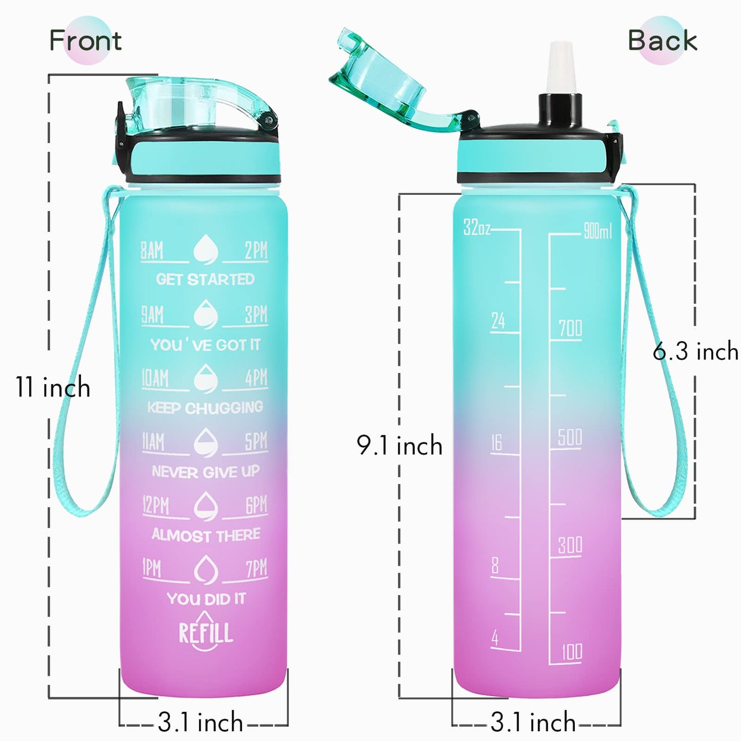 Enerbone 32 oz Water Bottle, Leakproof BPA & Toxic Free, Motivational Water Bottle with Times to Drink and Straw, Fitness Sports Water Bottle with Strap for Office, Gym, Outdoor Sports, Green-Purple