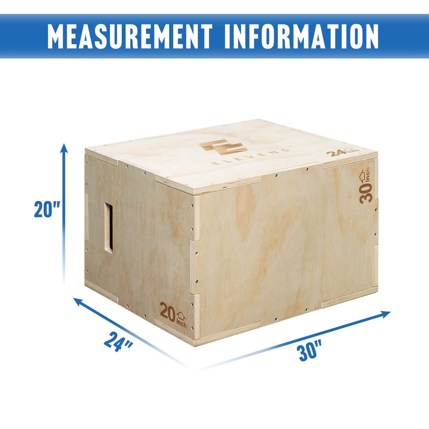 Elevens 3 in 1 Wooden Plyo Box Jump Box Plyometric Box for Jumping Trainer, Skipping, Jumping, Lunges, Box Jumps, Squats, Step-Ups, Dips (30"x20"x24")