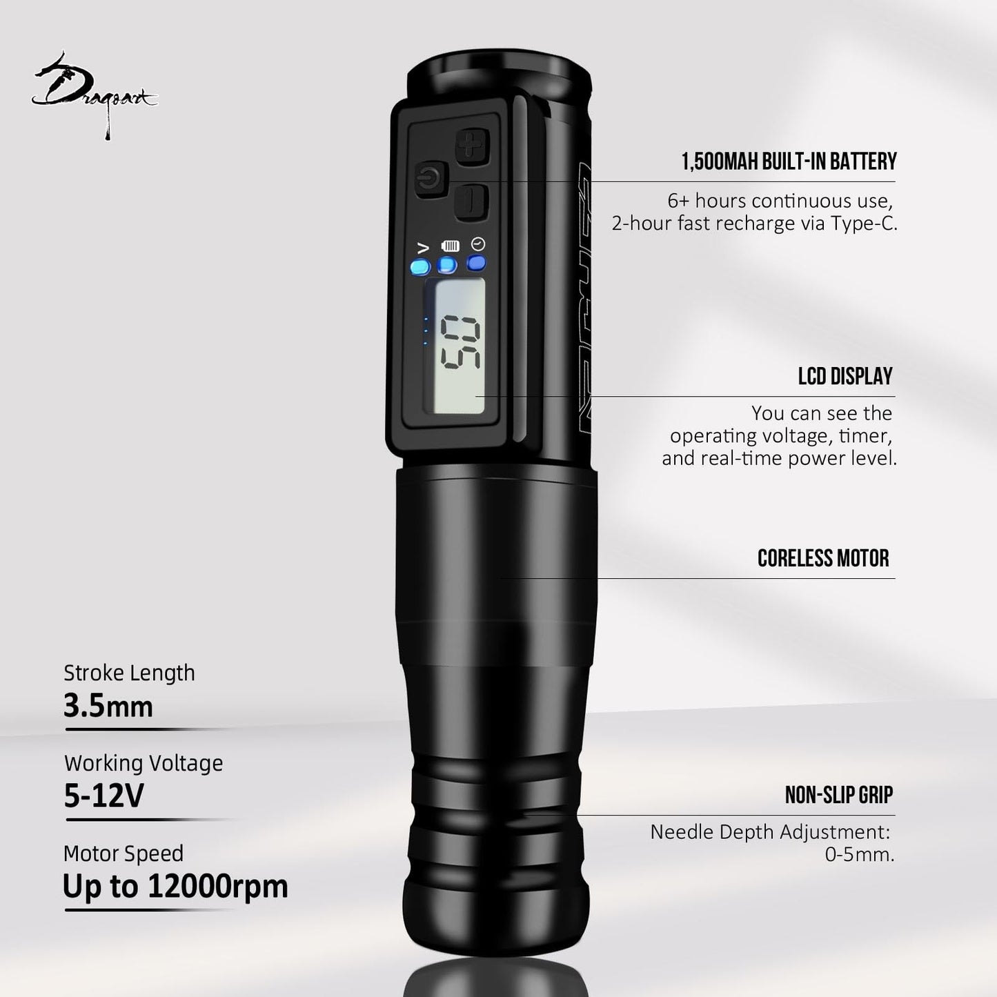 Dragoart Archer Wireless Tattoo Gun Cordless Tattoo Machine 1,500mAh Coreless Motor LCD Display 0-5mm Needle Depth, Rotary Tattoo Machine Pen Wireless for Tattoo Artists Beginner(3.5mm Stroke Black)