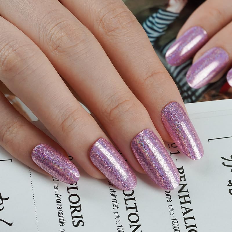 DUKASOU Semi Cured Gel Nail Strips, Purple Sparkle | 28pcs Work With Any UV Lamp, Stickers for Women Girls, Includes Prep Pads, File & Wood Stick
