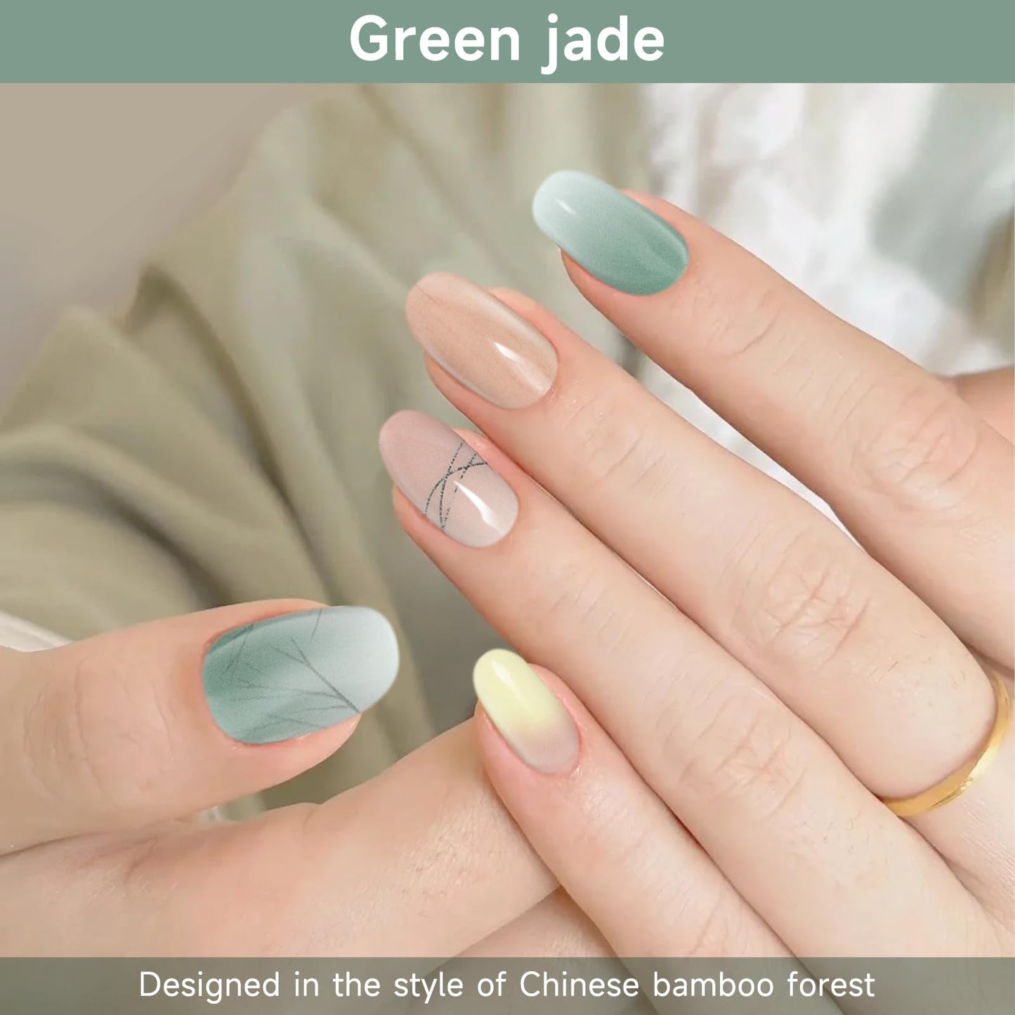 DUKASOU Semi Cured Gel Nail Strips, Green Jade | 28 pcs Chinese Style Gel Nail Strips Work with Any UV Lamp, Salon Quality New Chinese Nail Stickers, Include Prep Pads, Nail File&Wood Stick