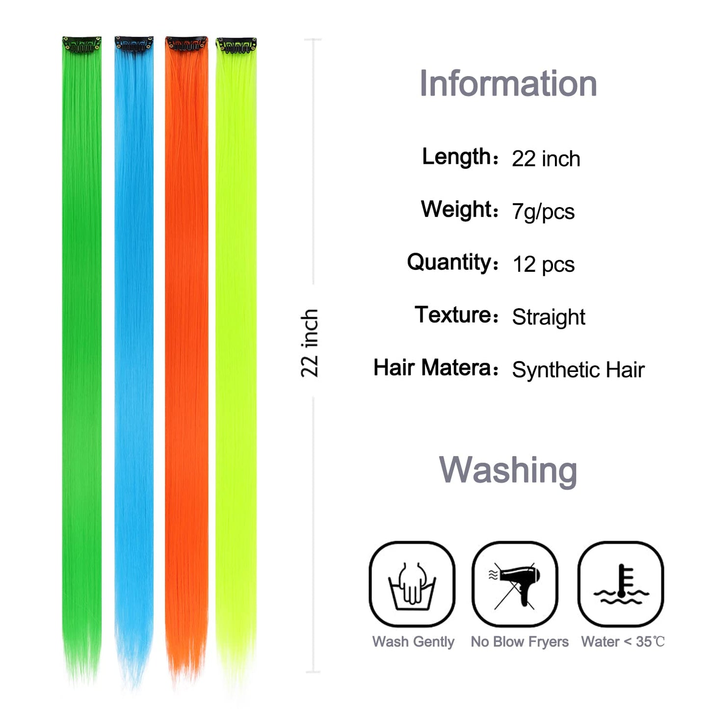 12 Pack Colored Hair Extensions Rainbow Hairpieces Party Highlights 22 Inches Colorful Clip in Hair Extensions Straight Synthetic Hairpieces for Women Kids Girls, (12 Colored)