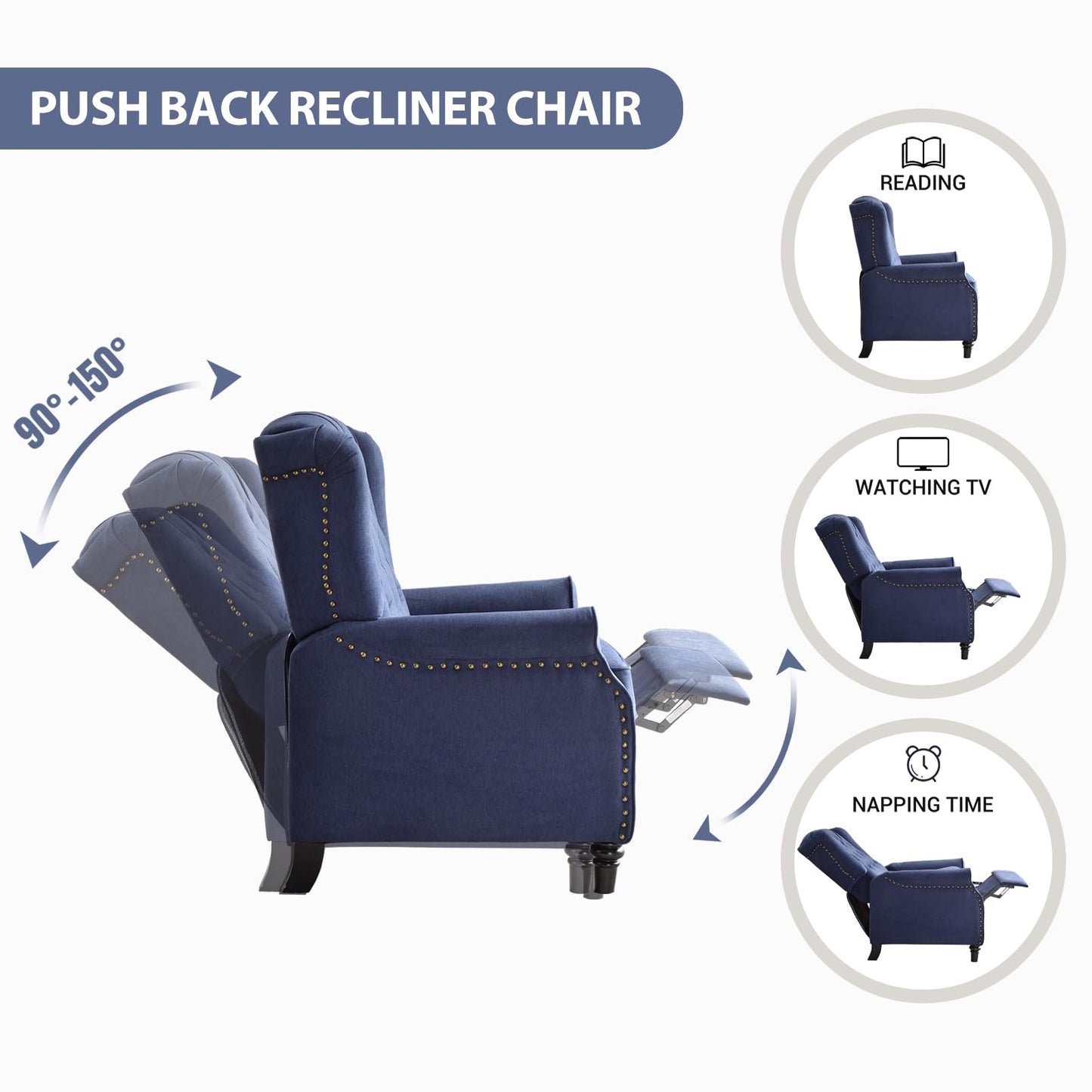 EBELLO 2 Pcs Pushback Recliner Chairs, Fabric Armchair Push Back Recliner with Rivet Decoration, Single Sofa Accent Chair for Living Room, Bedroom, Blue