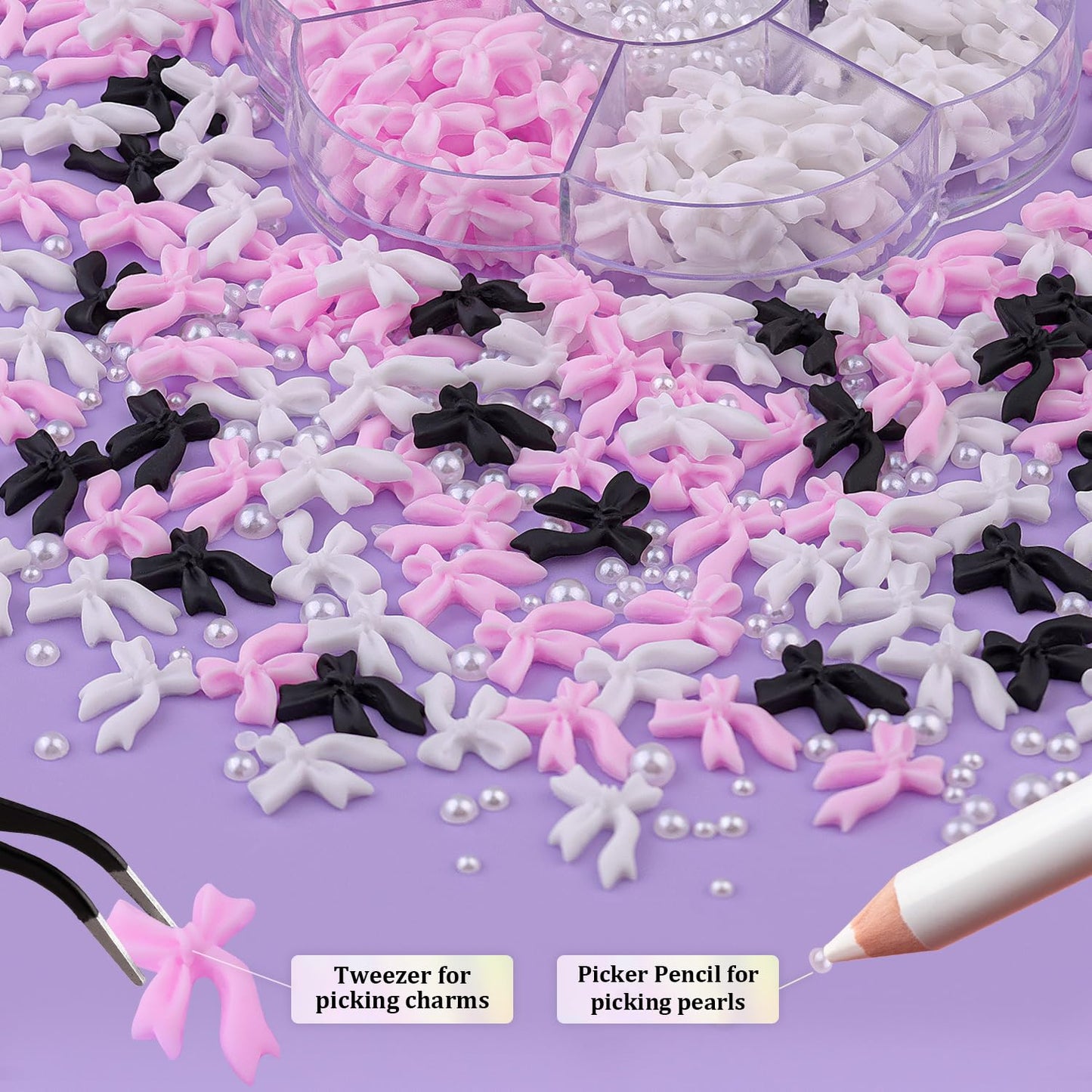 120 Pcs 3D Nail Bow Charms + 2-4mm Nail Pearls Set 10, Pink White Black Bow Nail Charms and White Flatback Pearls with Nail Charm Glue Gel(UV Needed) and Pickup Tools for Nail Art Decoration
