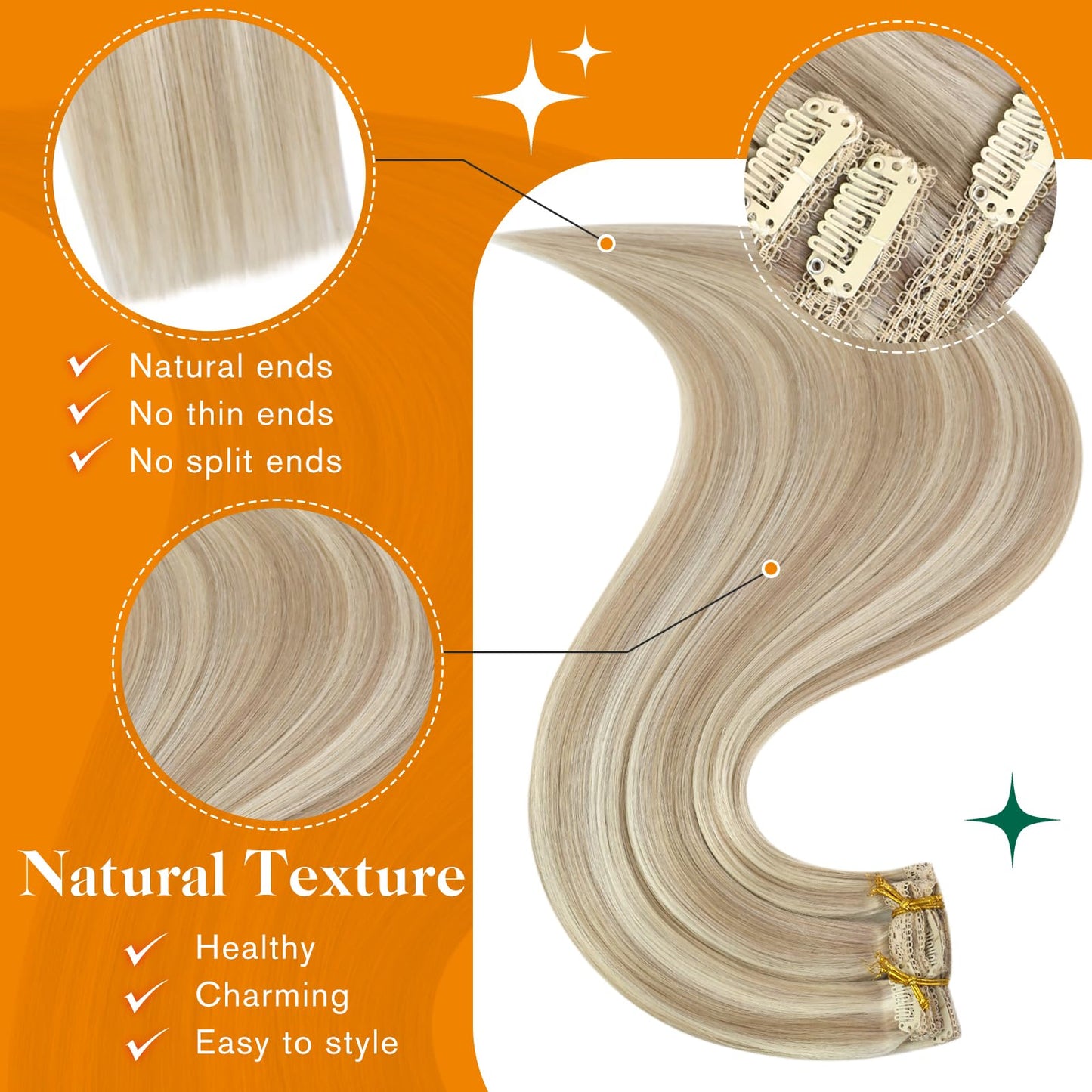 Easyouth Clip in Hair Extensions Real Human Hair Highlight Clip in Hair Extensions Ash Blonde Highlights Bleach Blonde Hair Extensions Clip ins Double Weft 12 Inch 70g 5pcs