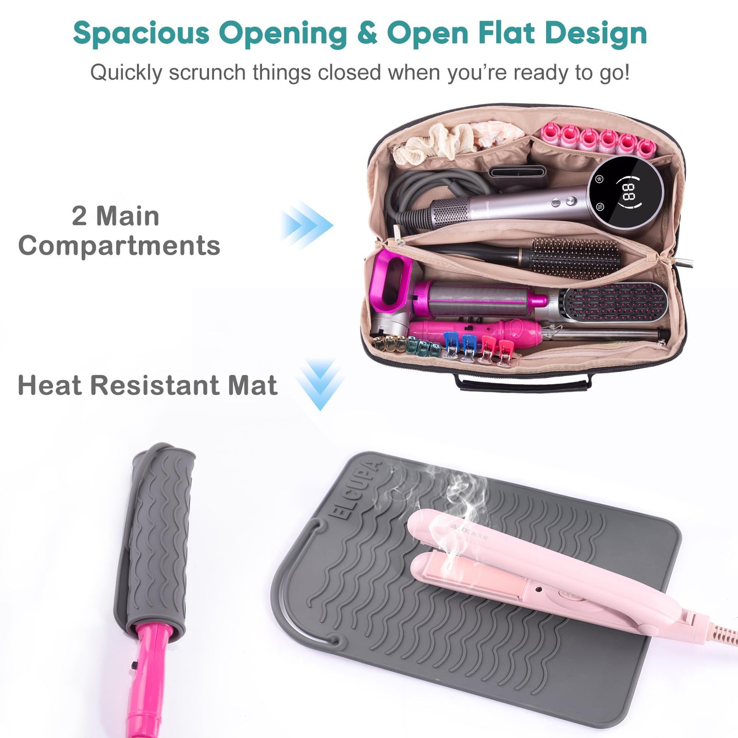 ELCUPA Large Travel Bag - 2in1 Hair Tools Organizer for Dryer Brush, Flat Irons, Straighteners, Curling Irons, Makeup Bag for Travel Essentials