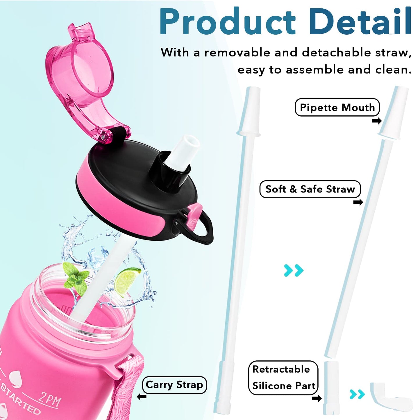 Enerbone 32 oz Water Bottle, Leakproof BPA & Toxic Free, Motivational Water Bottle with Times to Drink and Straw, Fitness Sports Water Bottle with Strap for Office, Gym, Outdoor Sports, Pink-Green