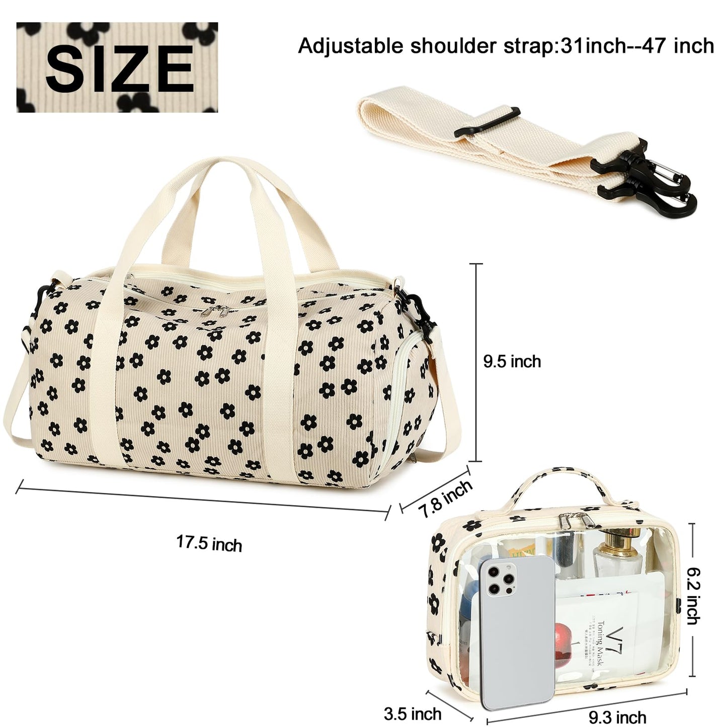 Duffle Bag for Gym Sports Women Girls Workout Travel Bag Weekender with Shoe Compartment and Wet Pocket (2-Corduroy-Black floral)