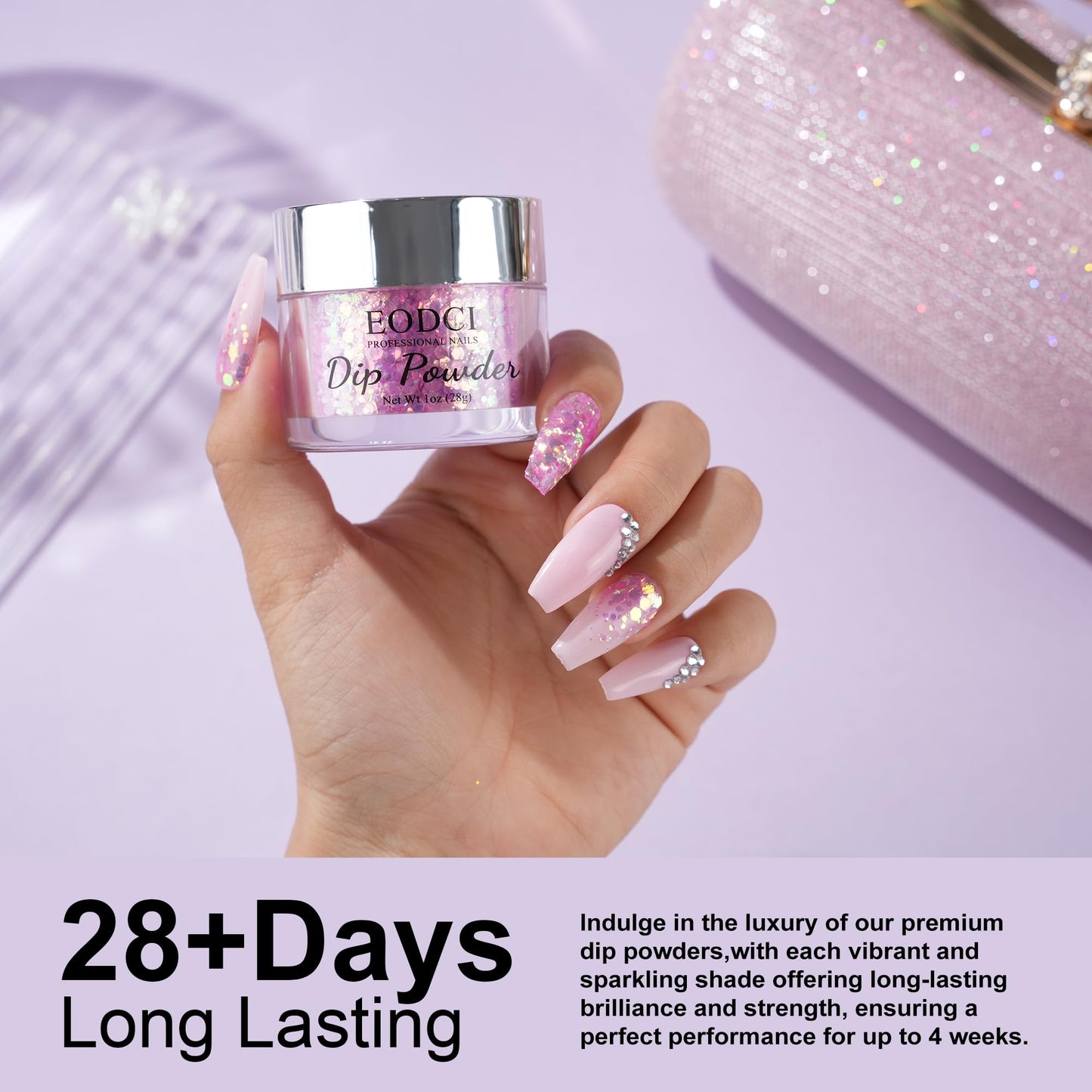 EODCI Glitter Colorful Pink Dip Powder, Orange Glitter Dip Powder Nail Color Refills, 1oz/28g, Pro Dipping Powder System for Nail Art DIY at Home/Salon