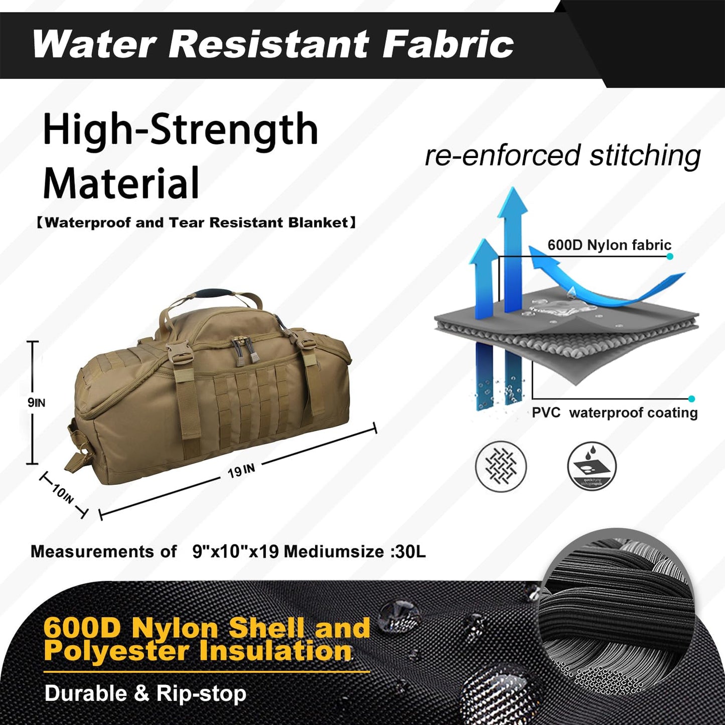 3 In 1 Tactical 30L Military Backpack Travel Duffle Bag for Weekender Gym Workout Deployment