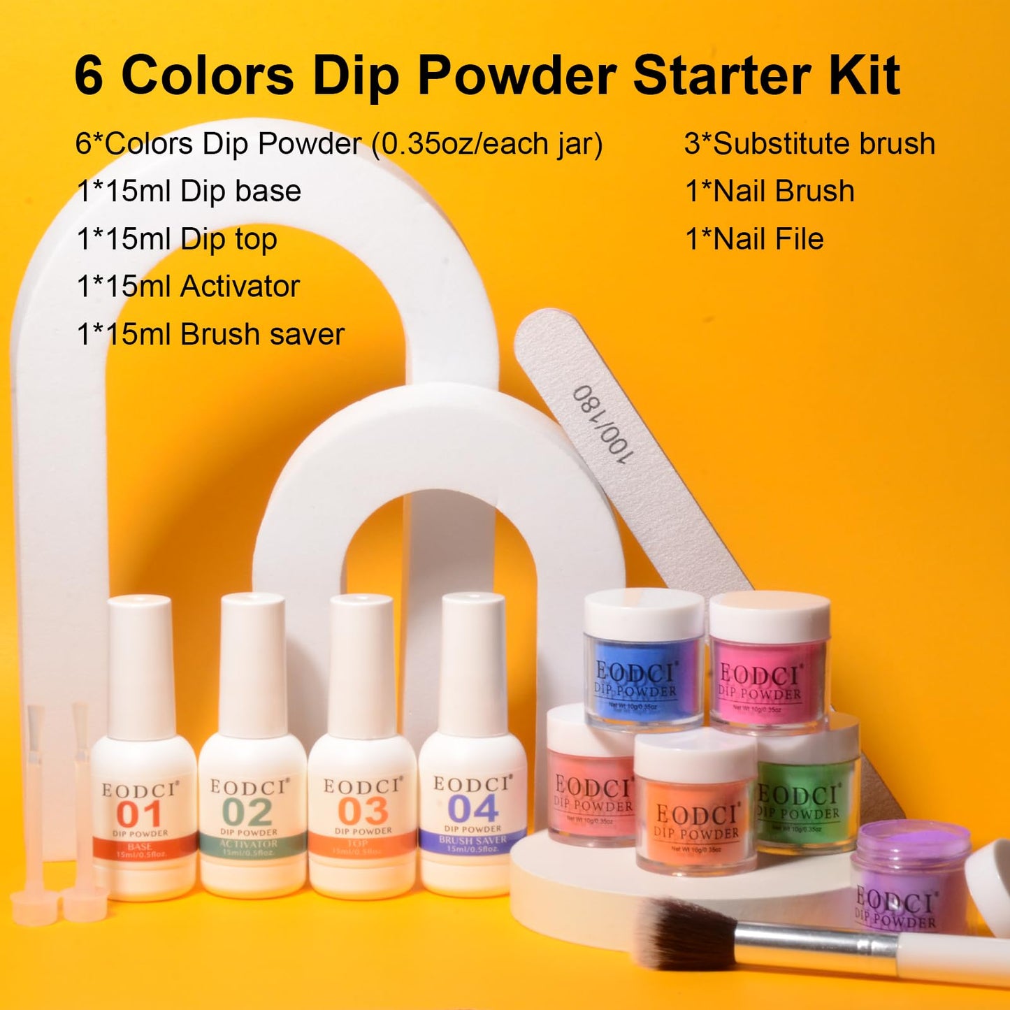Eodci 12 Pcs Dip Powder Nail Kit Starter Kit, 6 Colors Pink Red Orange Green Blue Dipping Powder Kit with Base & Top Coat/Activator/Brush Saver, Nail Art Dip Manicure Kits Salon DIY for Women