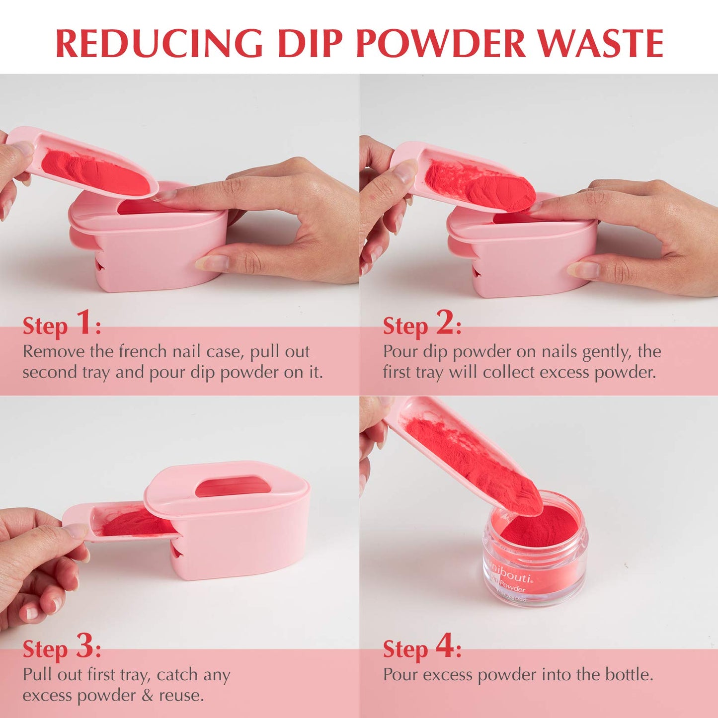 2-in-1 Dip Powder Recycling Tray System & French Tip Mold Dip Nail Tray - Nail Powder Glitter Rhinestones Pearls Saver Holder Storage Container Recycling Tool - French Smile Line Making Mold - Pink
