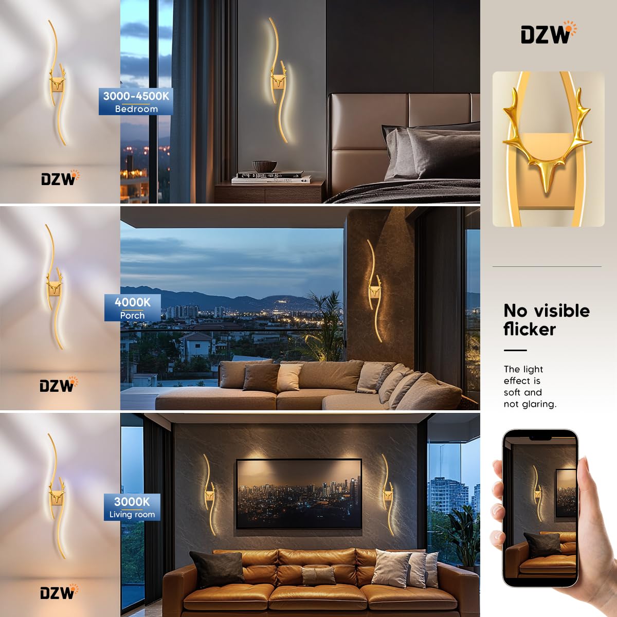 DZW 39.3'' Battery Operated Natural Light Spectrum Wall Sconces Set of Two,Touch & Remote Controll, 3000K-6000K & Dimming, LED Gold Cordless Wall Light for Living Room, Hallway, Bedroom