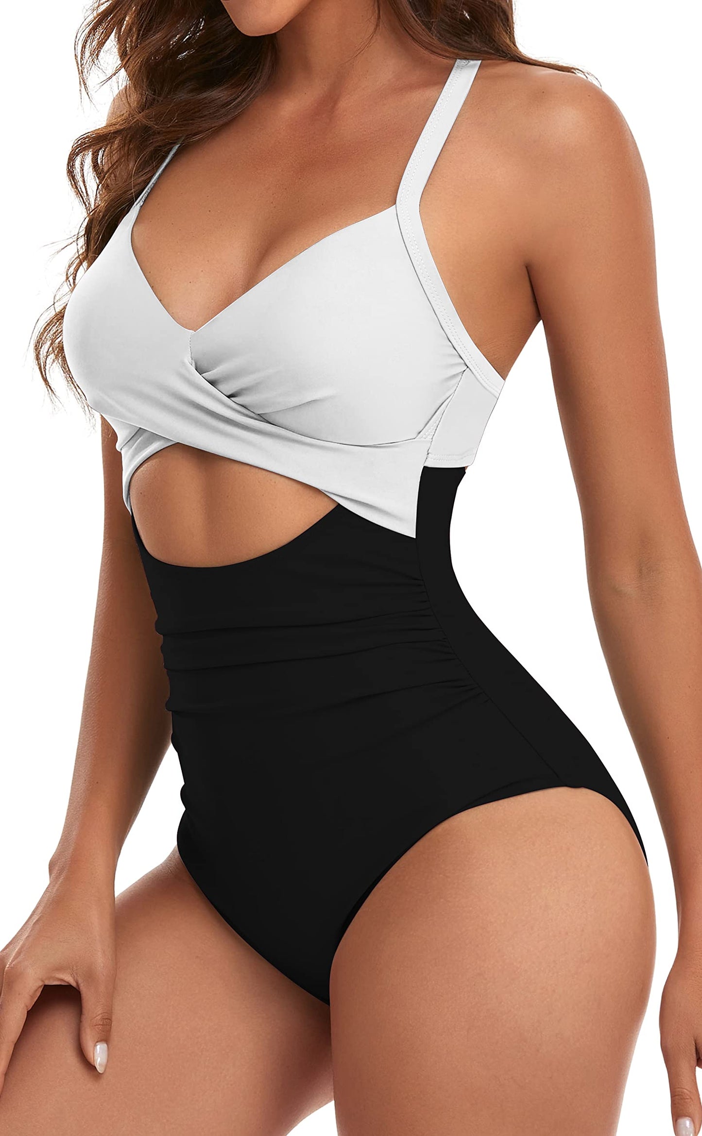 Eomenie Women's One Piece Swimsuits Tummy Control Cutout High Waisted Bathing Suit Wrap Tie Back 1 Piece Swimsuit Balck and White