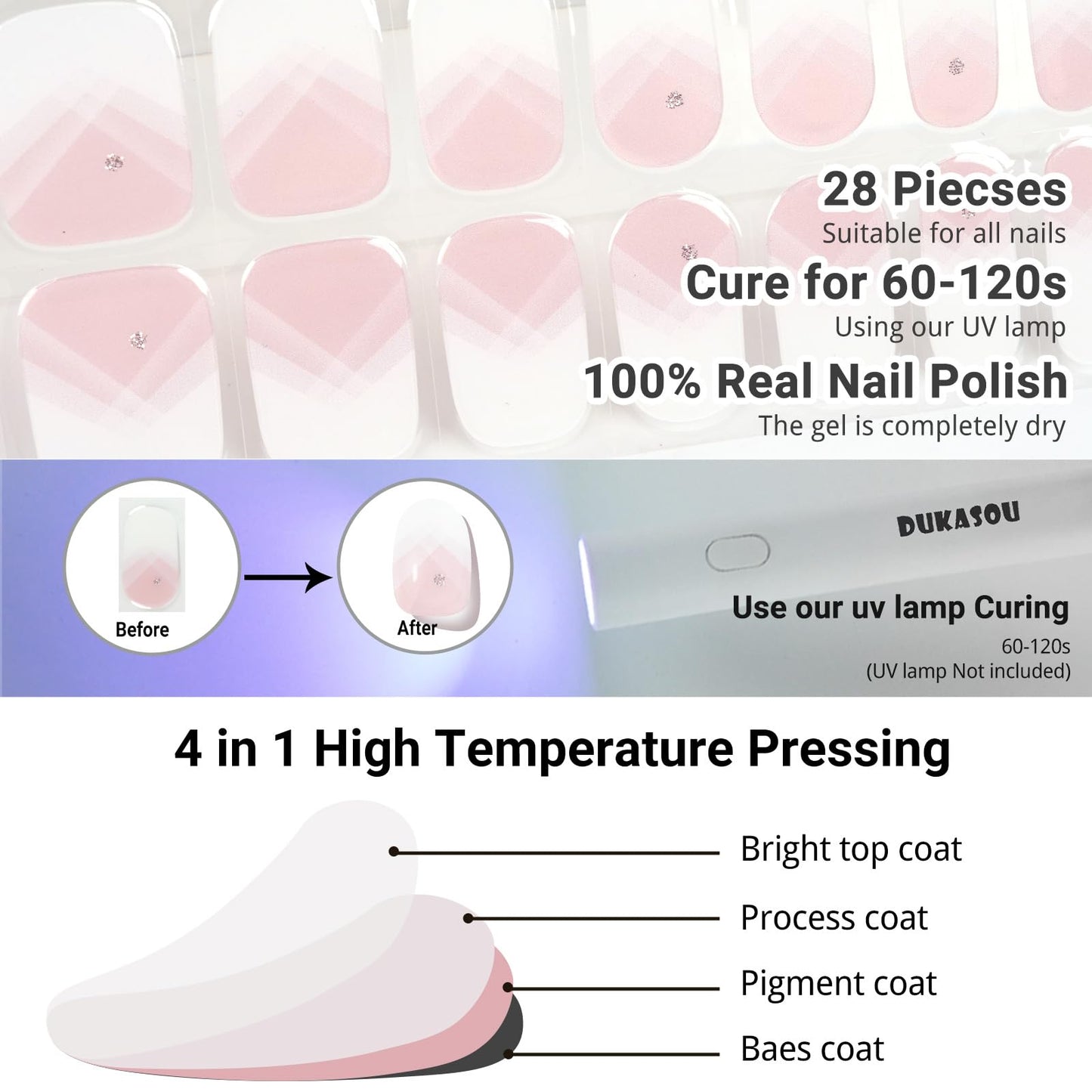 DUKASOU Semi Cured Gel Nail Strips, Overlap French | 28pcs UV Gel Nail Stickers, Easy to Apply