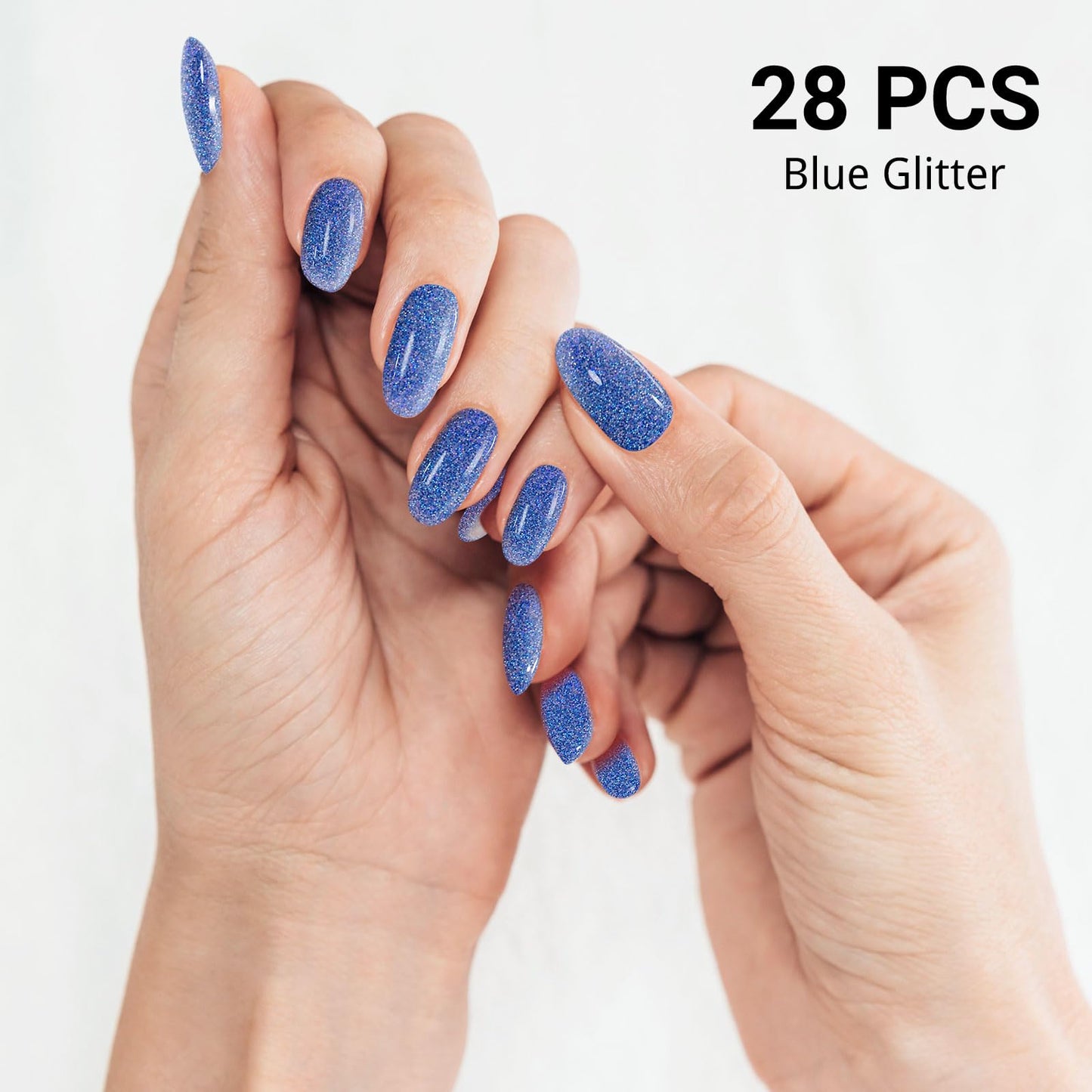 DUKASOU Semi Cured Gel Nail Strips, Dark Blue Sparkle | 28pcs Work With Any UV Lamp, Stickers for Women Girls, Includes Prep Pads, File & Wood Stick