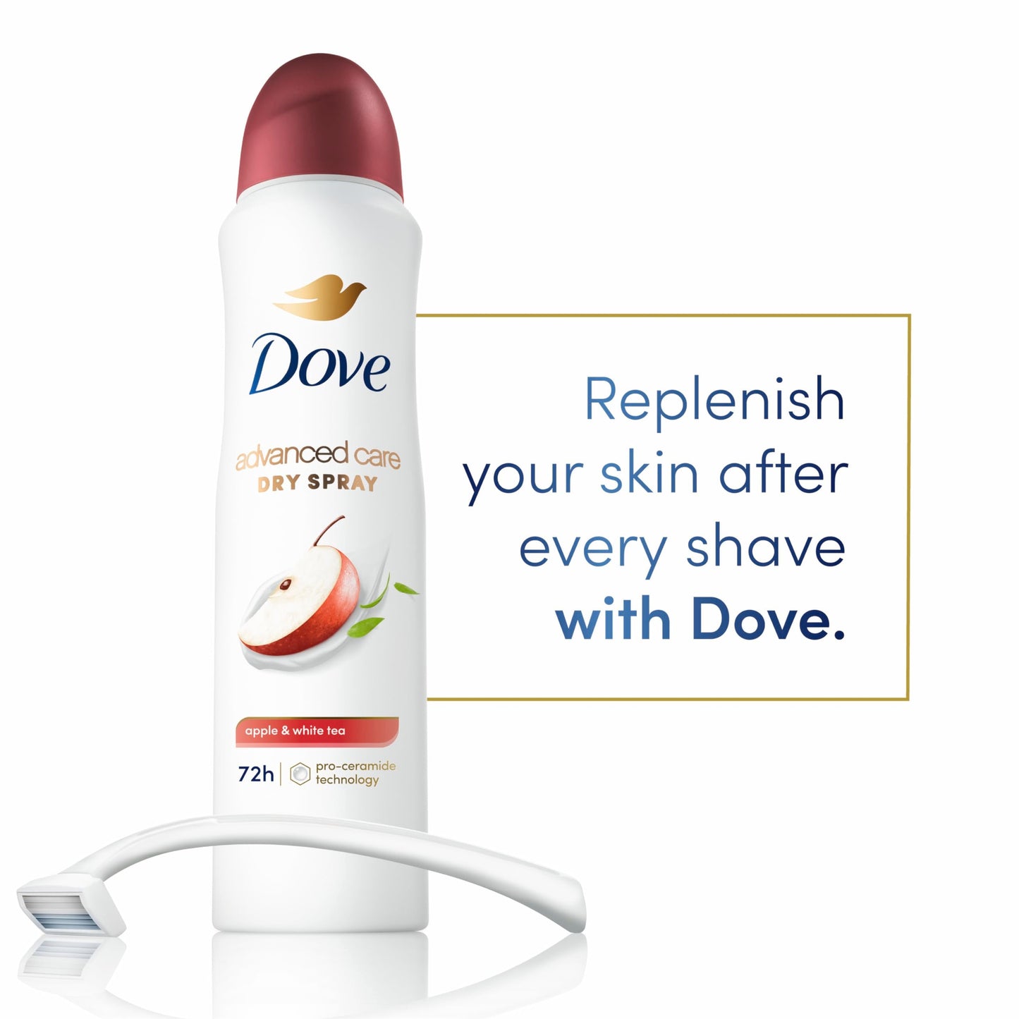 Dove Advanced Care Antiperspirant Deodorant Spray Apple & White Tea to help skin barrier repair by boosting skin's ceramide levels 72-hour odor and sweat protection 3.8 oz
