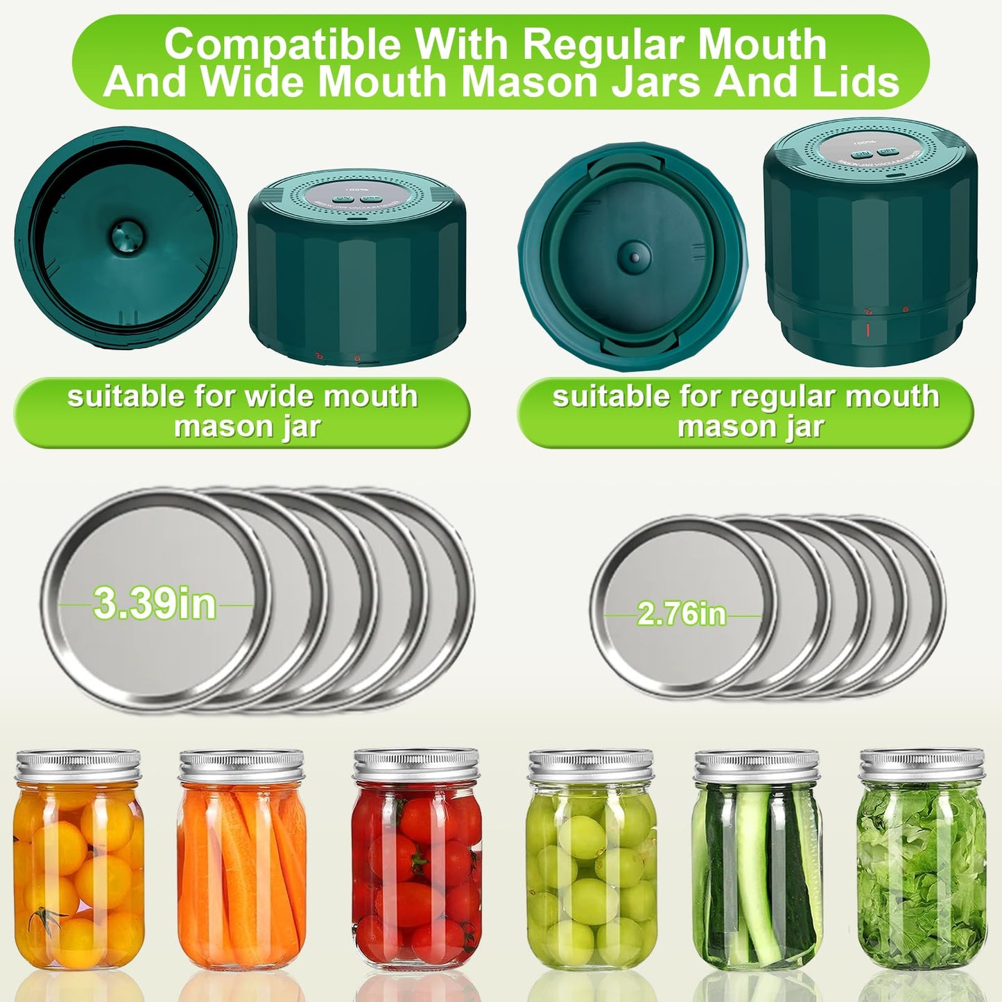 Electric Mason Jar Vacuum Sealer - Mason Jar Vacuum Sealer Kit with Wide Regular Mouth Mason lids - Canning Vacuum Sealer Mason Jar for Food Storage - darkgreen…