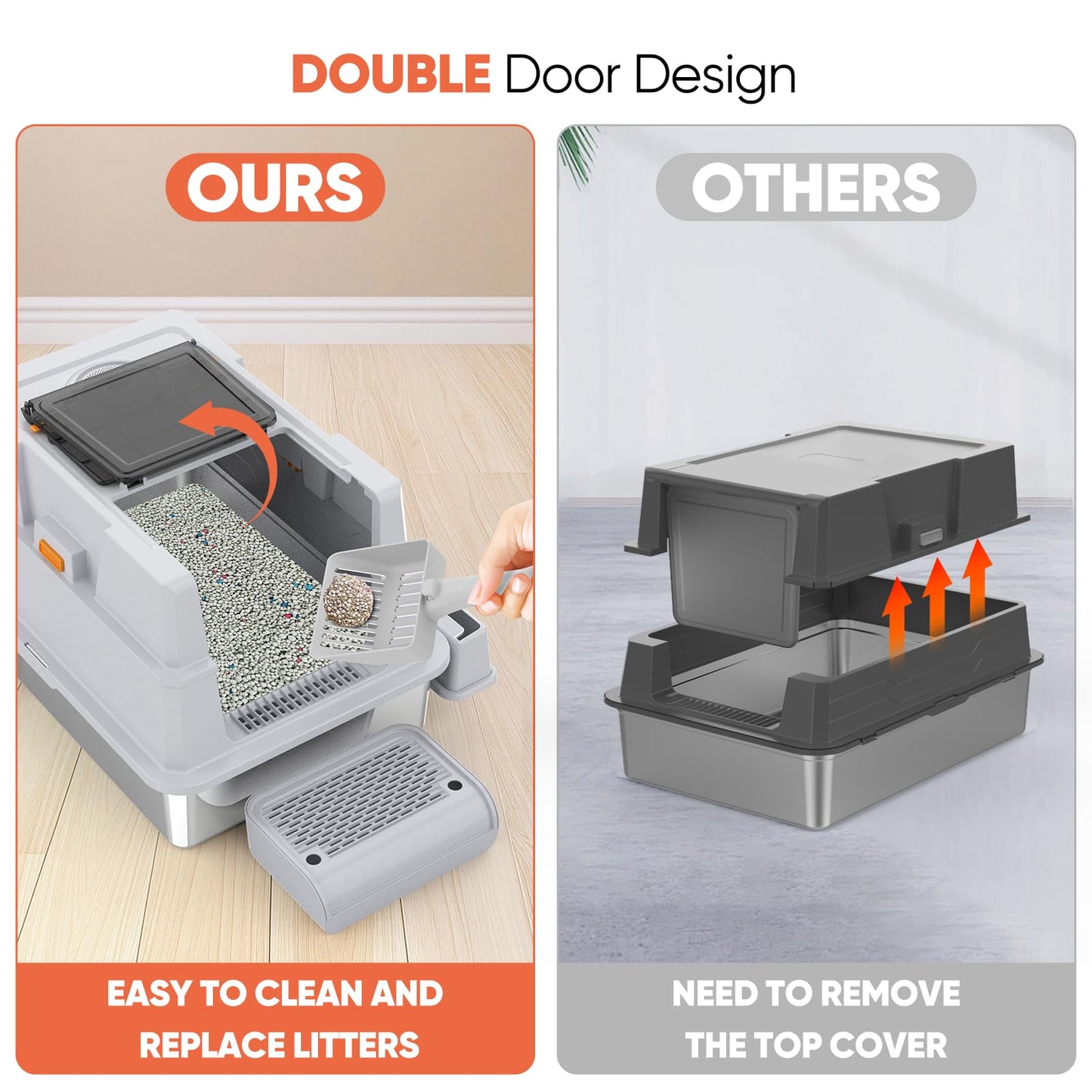 ELEGX XXXL Extra Large 28" L×20" W Odor-Control Stainless Steel Cat Litter Box, 4-in-1 Cat Metal Litter Box Set,Enclosed Removable Metal Litter Box with High Sided Enclosure,Mat & Scoop