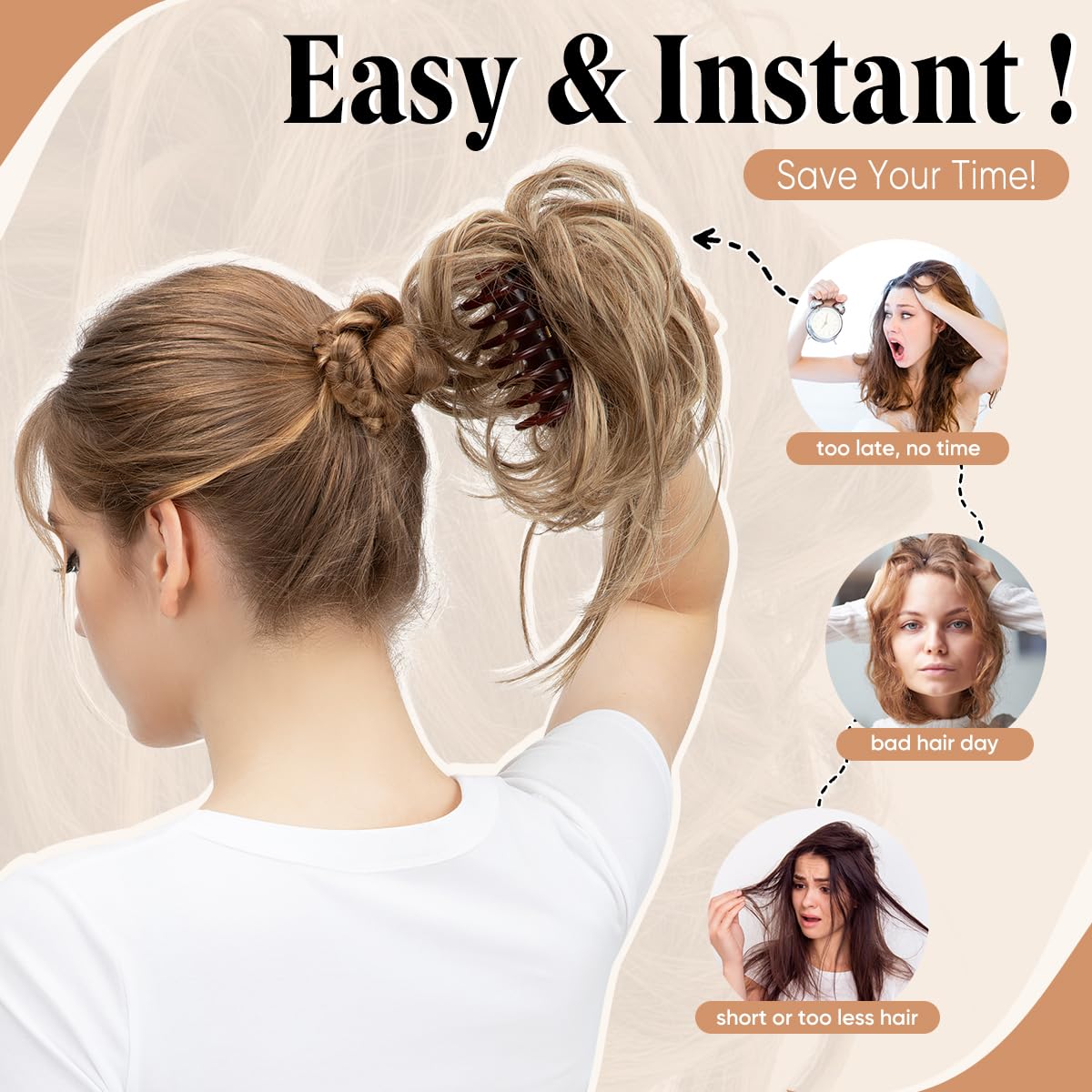 SARLA 2PCS Messy Bun Hair Pieces for Women Detachable Claw Clip Wavy Curly Synthetic Hairpieces for Updos with Tendrils Fake Scrunchies Ponytail Extension Ivory Blonde