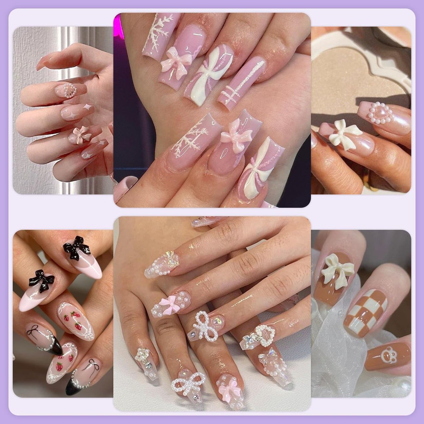 120 Pcs 3D Nail Bow Charms + 2-4mm Nail Pearls Set 10, Pink White Black Bow Nail Charms and White Flatback Pearls with Nail Charm Glue Gel(UV Needed) and Pickup Tools for Nail Art Decoration
