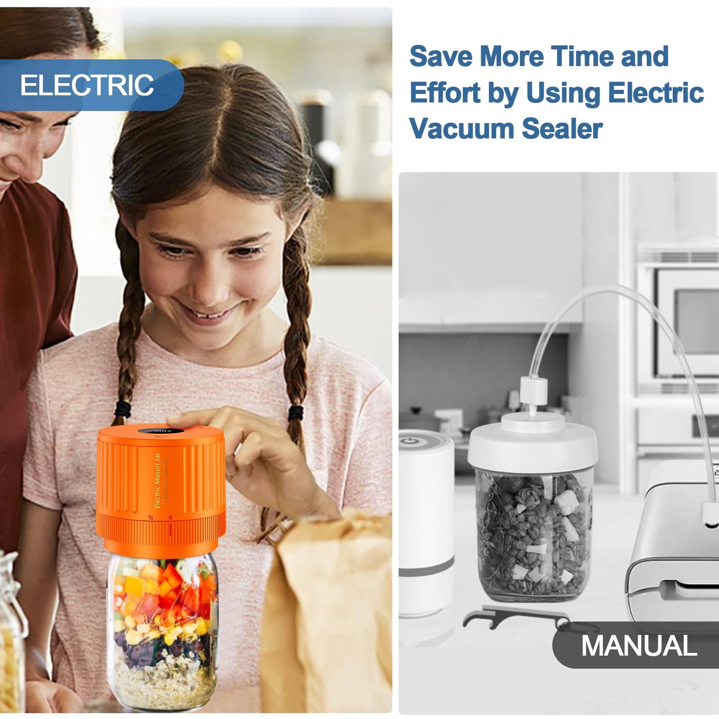 Electric Mason Jar Vacuum Sealer, Cordless Vacuum Sealer Kit with Wide-Mouth & Regular-Mouth Mason Jar Lids, Canning Vacuum Sealer for Food Storage and Fermentation, Orange