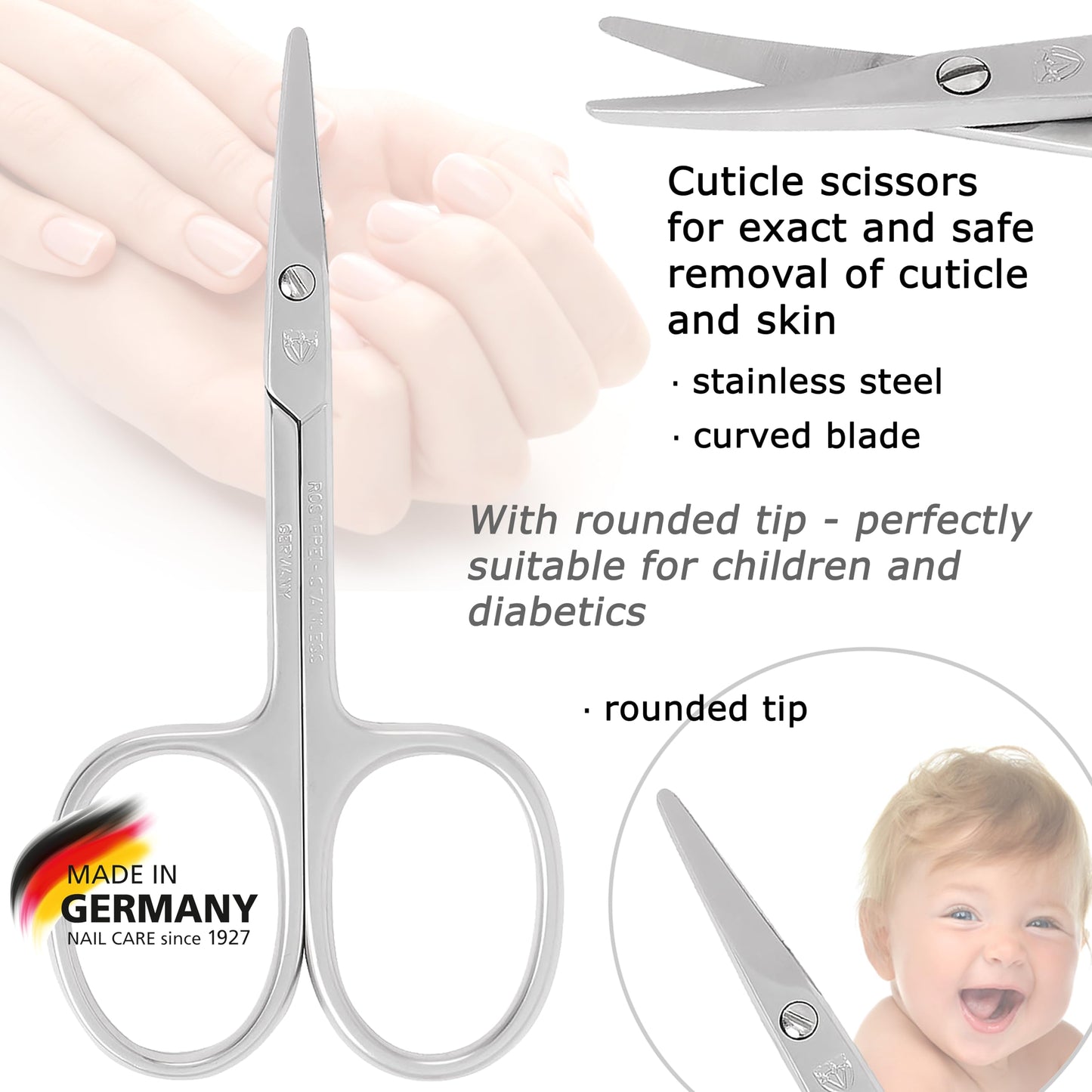 3 Swords Germany - brand quality STAINLESS STEEL CURVED CUTICLE SCISSORS (1 PIECE) with round tips for DIABETICS - manicure pedicure - nail care by 3 Swords - Made in Germany