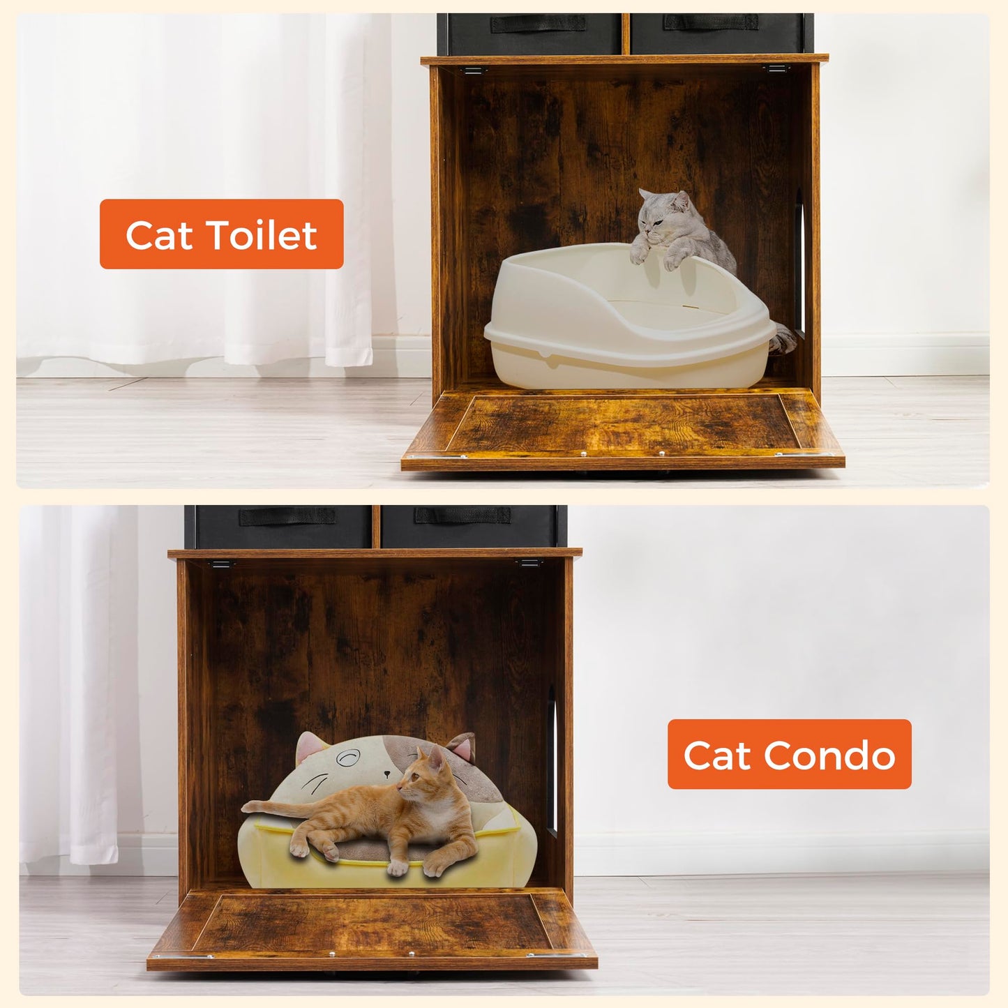 Dwanton Litter Box Enclosure with 3 Storage Shelves and 2 Drawers, 2-in-1 Hidden Cat Litter Box Enclosure Furniture with Shelf, Reversible Entrance, Washable Drawers, 61.8-Inch, Rustic Brown
