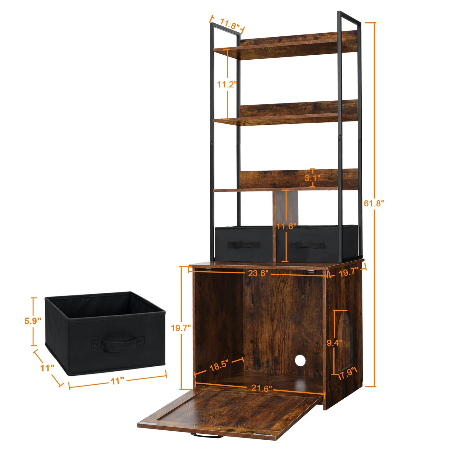 Dwanton Litter Box Enclosure with 3 Storage Shelves and 2 Drawers, 2-in-1 Hidden Cat Litter Box Enclosure Furniture with Shelf, Reversible Entrance, Washable Drawers, 61.8-Inch, Rustic Brown