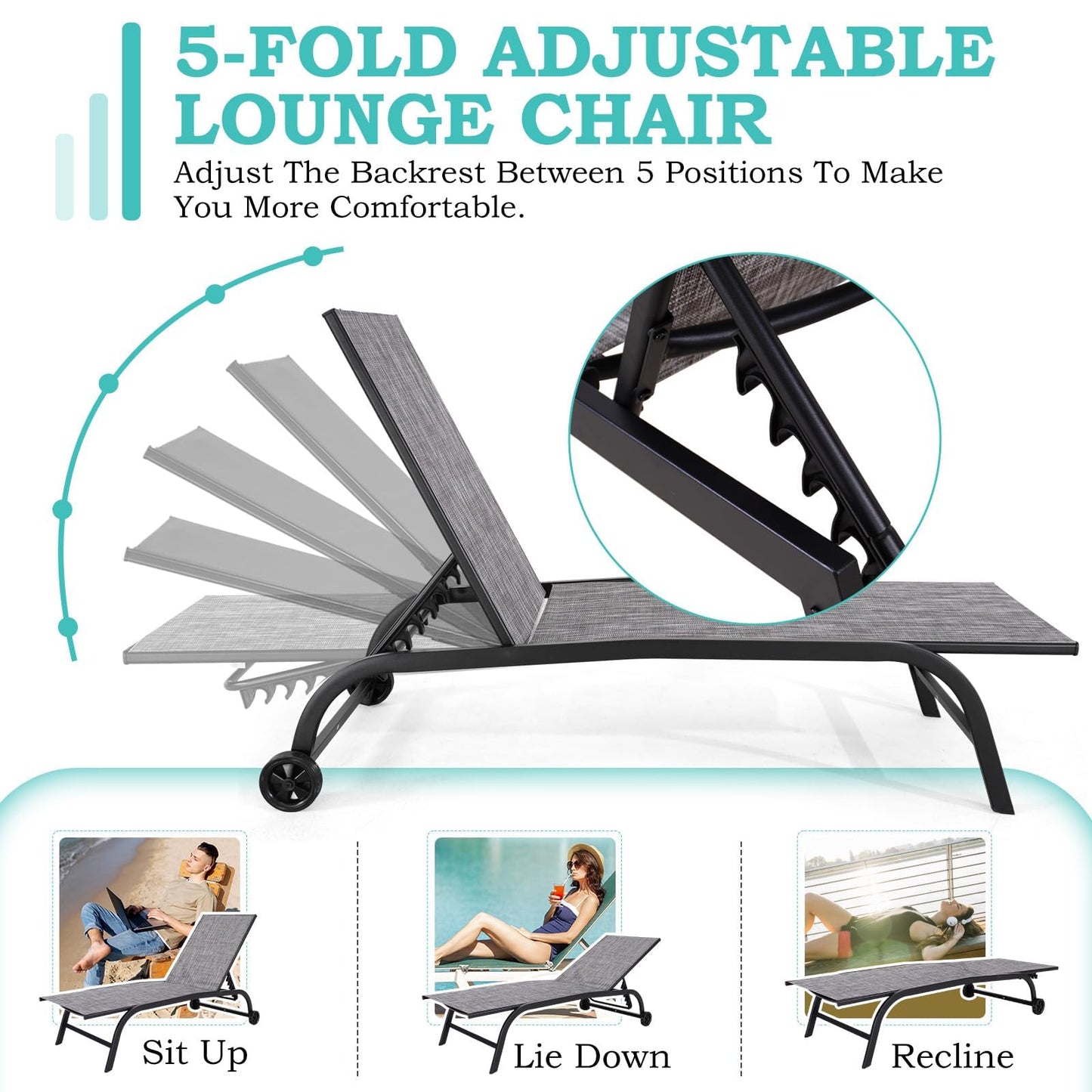 EROMMY Patio Chaise Lounge Chair Set of 2 with Table, Adjustable Backrest & Wheels, Oversized 26" W Outdoor Poolside Recliners for Garden, Deck, Lawn, Backyard
