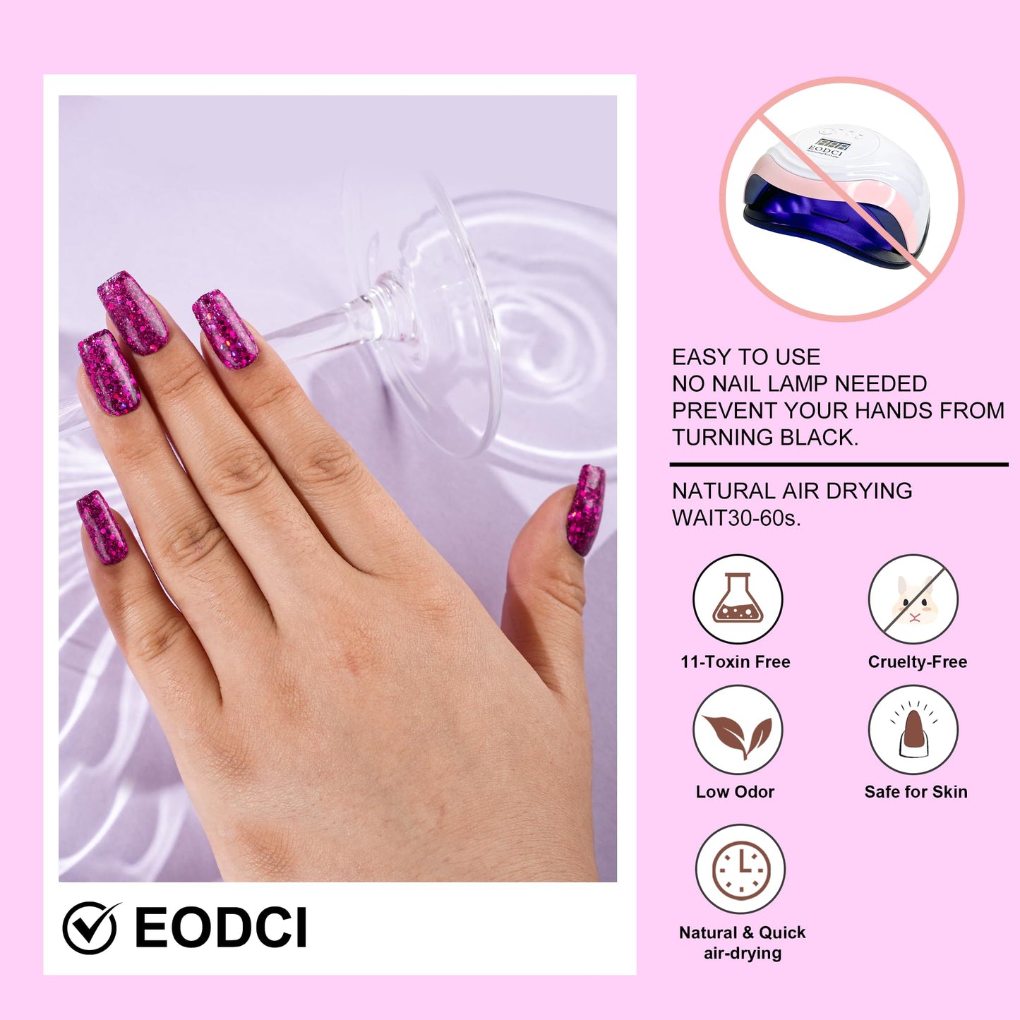 EODCI 1 Oz/28g Dip Powder Glitter Pink Color, Dipping Powder French Pro Collection System Nail Art Starter Manicure Salon DIY at Home, No Needed Nail Lamp Curing