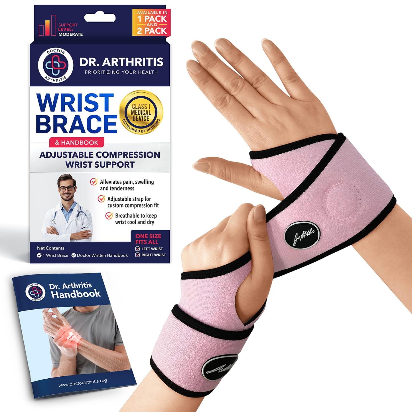 Dr. Arthritis Doctor Developed Comfy, Lightweight, Wrist Support-Strap-Brace-Hand Support, Perfect fit for both Right and Left Hand, for Men and Women (Pink, 2 Pack)