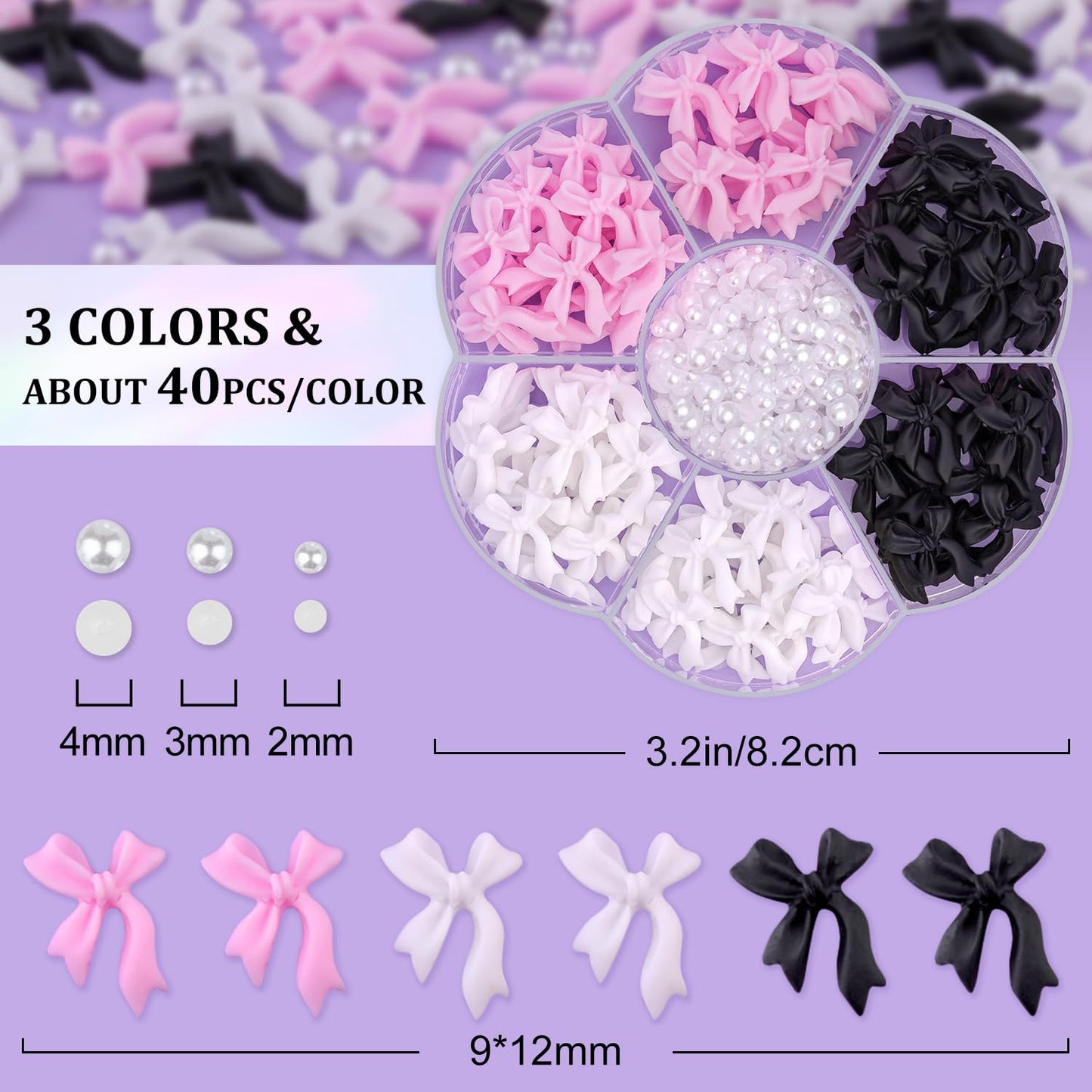 120 Pcs 3D Nail Bow Charms + 2-4mm Nail Pearls Set 10, Pink White Black Bow Nail Charms and White Flatback Pearls with Nail Charm Glue Gel(UV Needed) and Pickup Tools for Nail Art Decoration