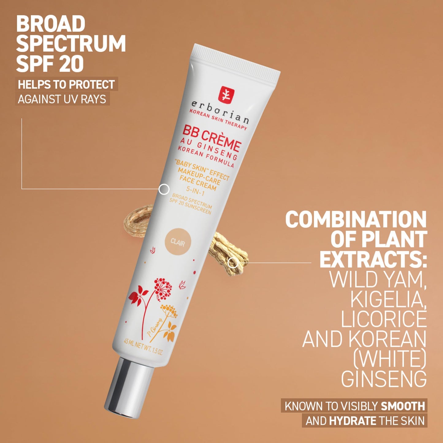 Erborian BB Cream with Ginseng, Caramel - Lightweight Buildable Coverage with SPF & Ultra-Soft Matte Finish Minimizes Pores & Imperfections - Korean Face Skincare - 1.5 Oz