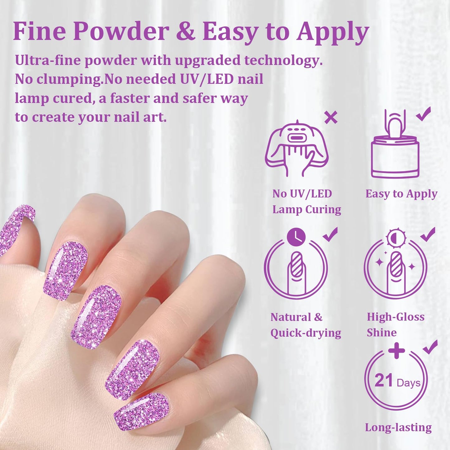 eodci Dip Powder Glitter Purple Color, Nail Dipping Powder French Powder Pro Collection System Nail Art Starter Manicure Salon DIY at Home, No Needed Nail Lamp Curing, 1 Oz/28g