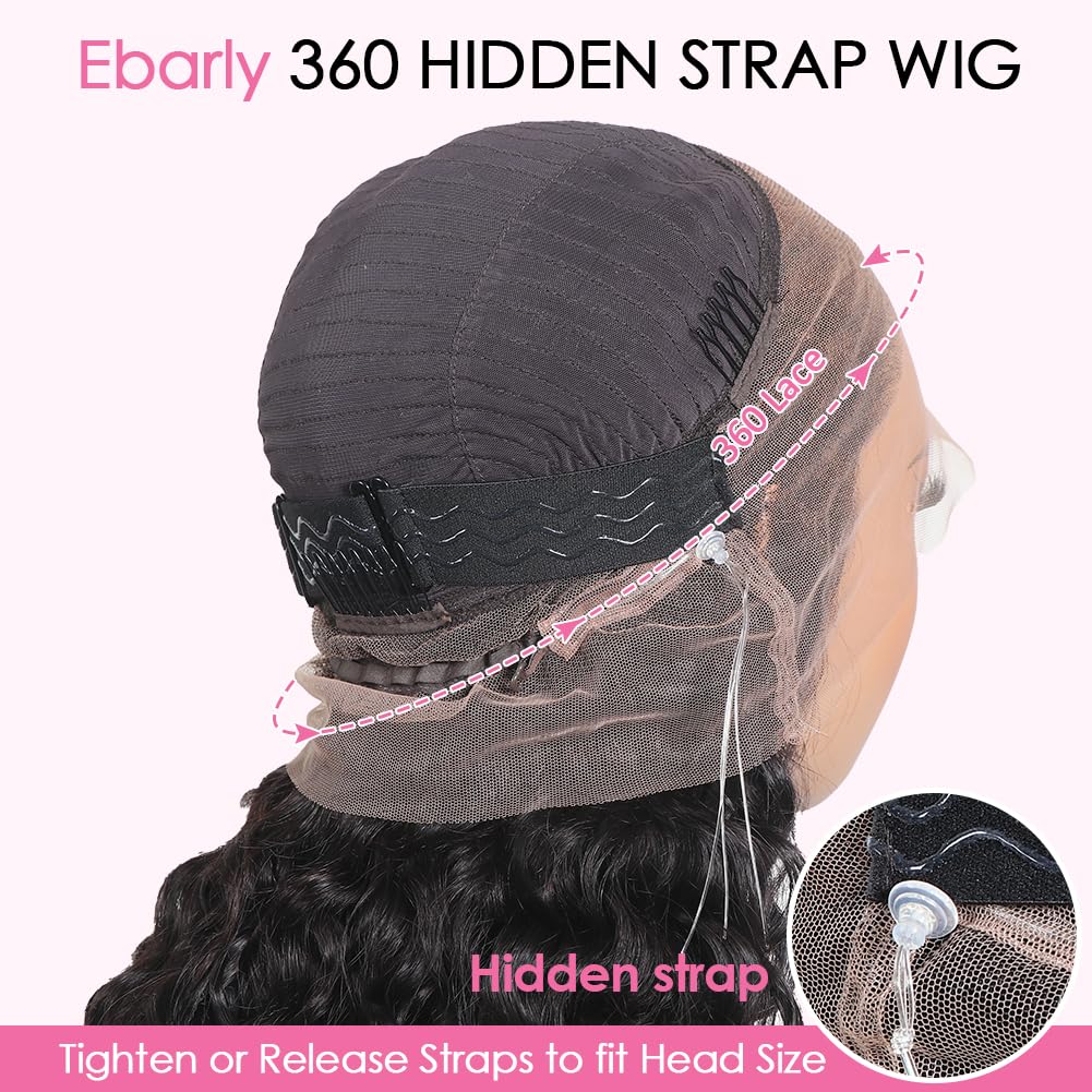 Ebarly Hidden Strap Water Wave 360 Glueless Wigs Human Hair Pre Plucked Pre Cut 180 Density Wet and Wavy HD Full Lace Frontal Drawstring Wig with baby hair(20 inch)