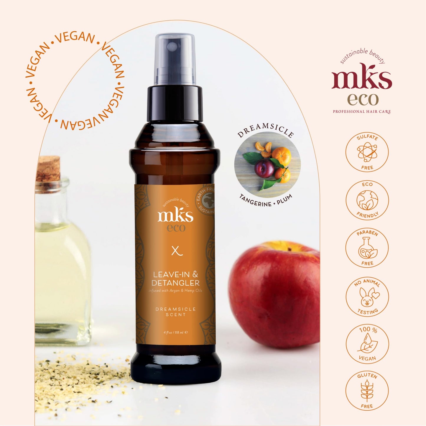 Earthly Body MKS eco X, Dreamsicle Scent - 10 fl oz - Leave-In Treatment & Detangler - Moroccan Argan Oil, Hemp Seed Oil - Vegan & Cruelty Free